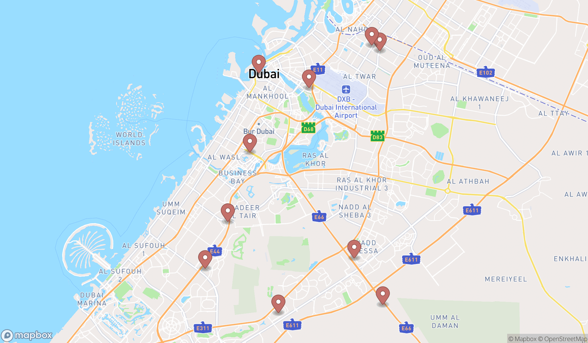 Map showing the ranked clothing stores in Dubai, Dubai