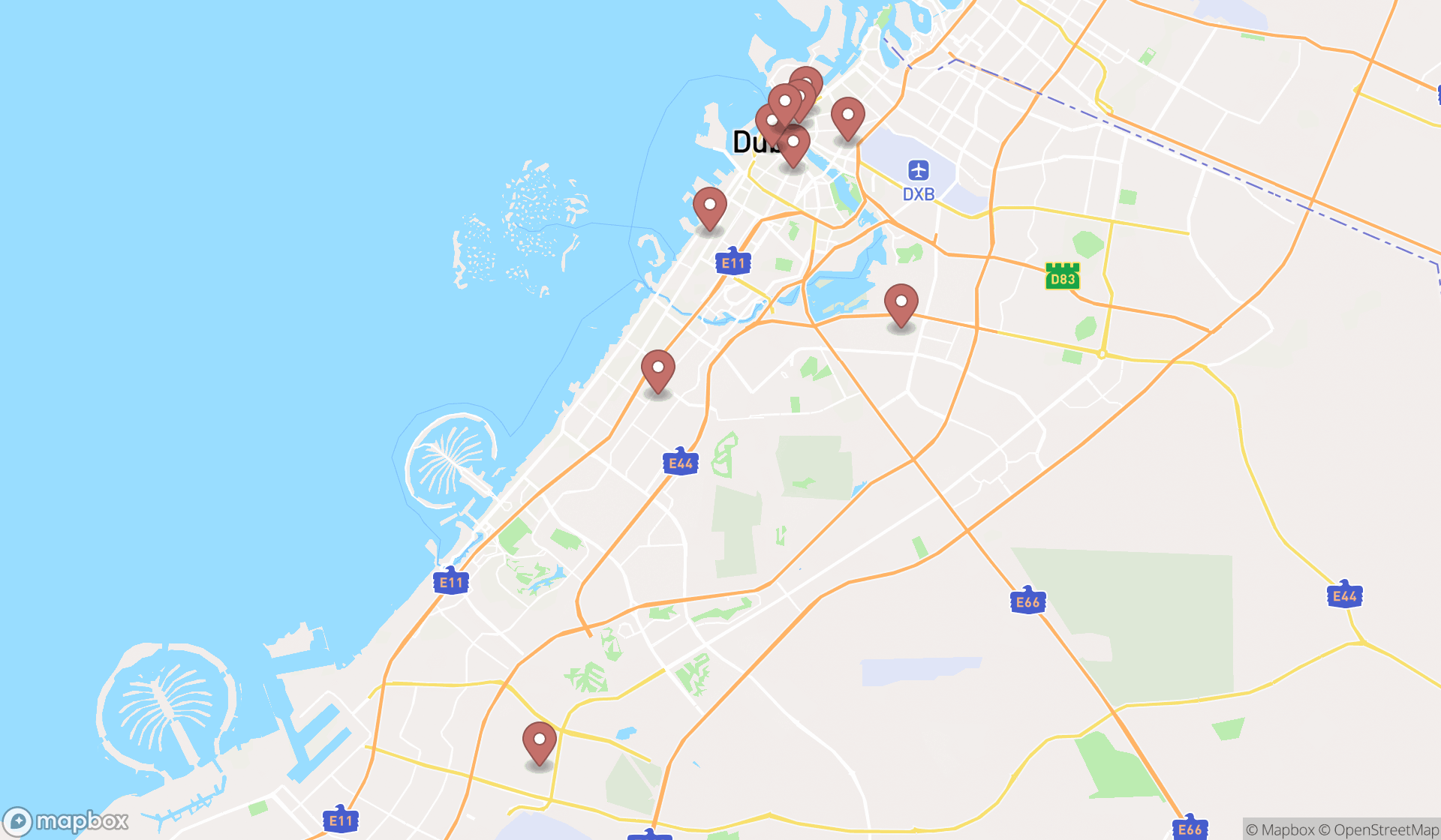 Map showing the ranked clothing suppliers in Dubai, Dubai