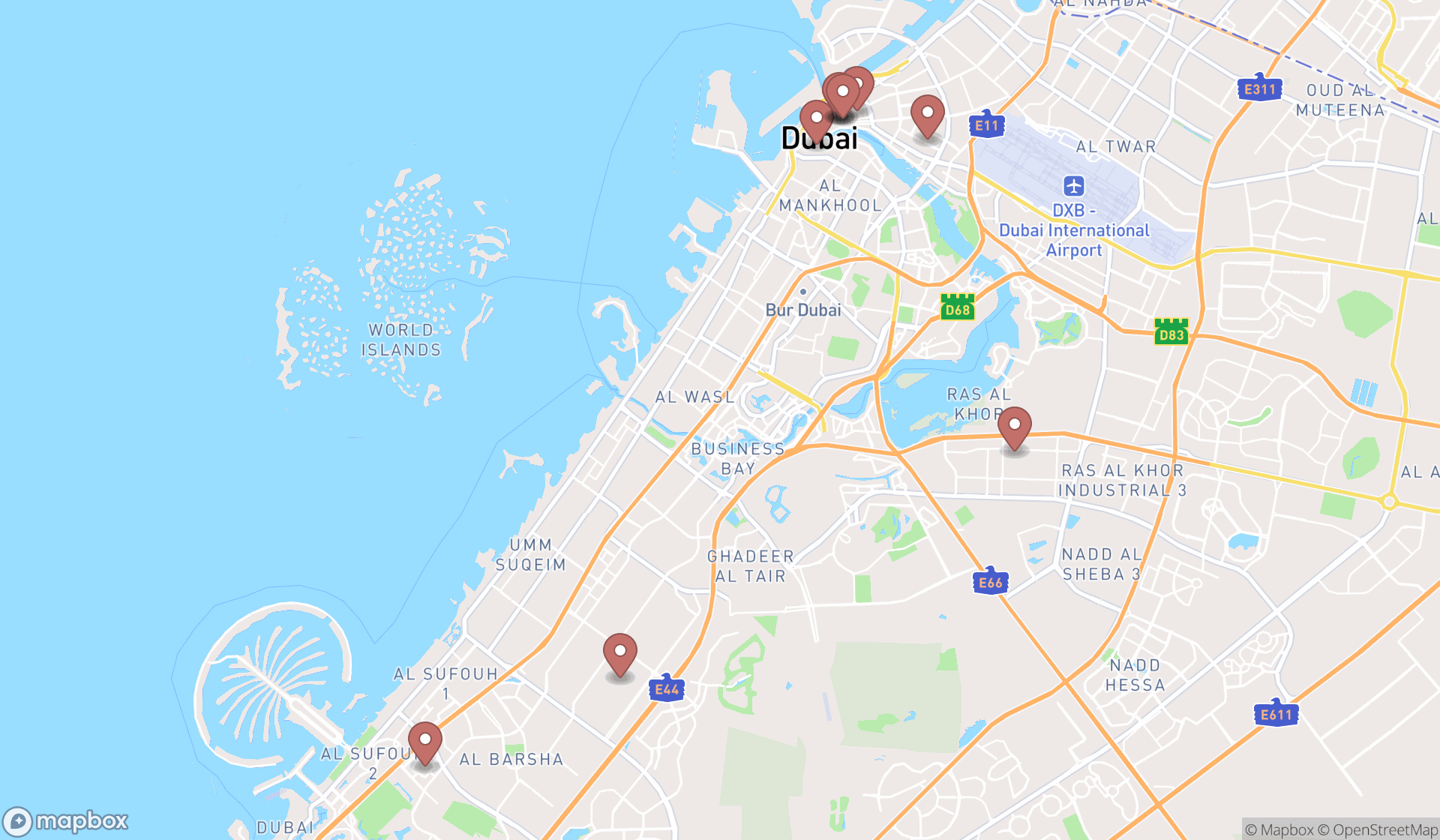 Map showing the ranked clothing wholesale market places in Dubai, Dubai