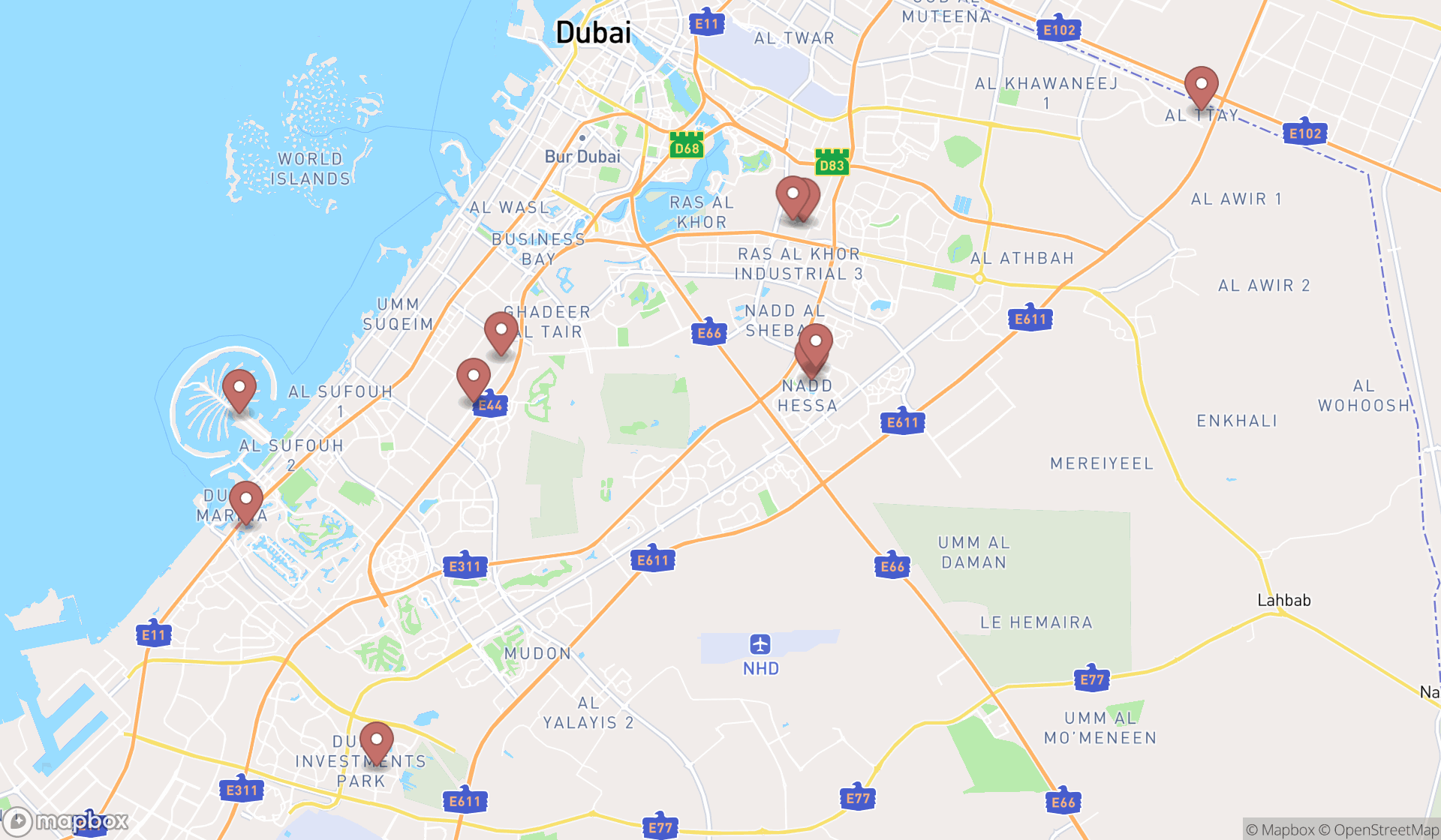 Map showing the ranked coffee roasters in Dubai, Dubai