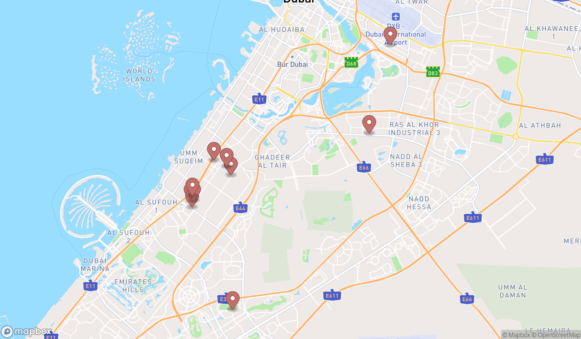 Map showing the ranked coffee roasteries in Dubai, Dubai