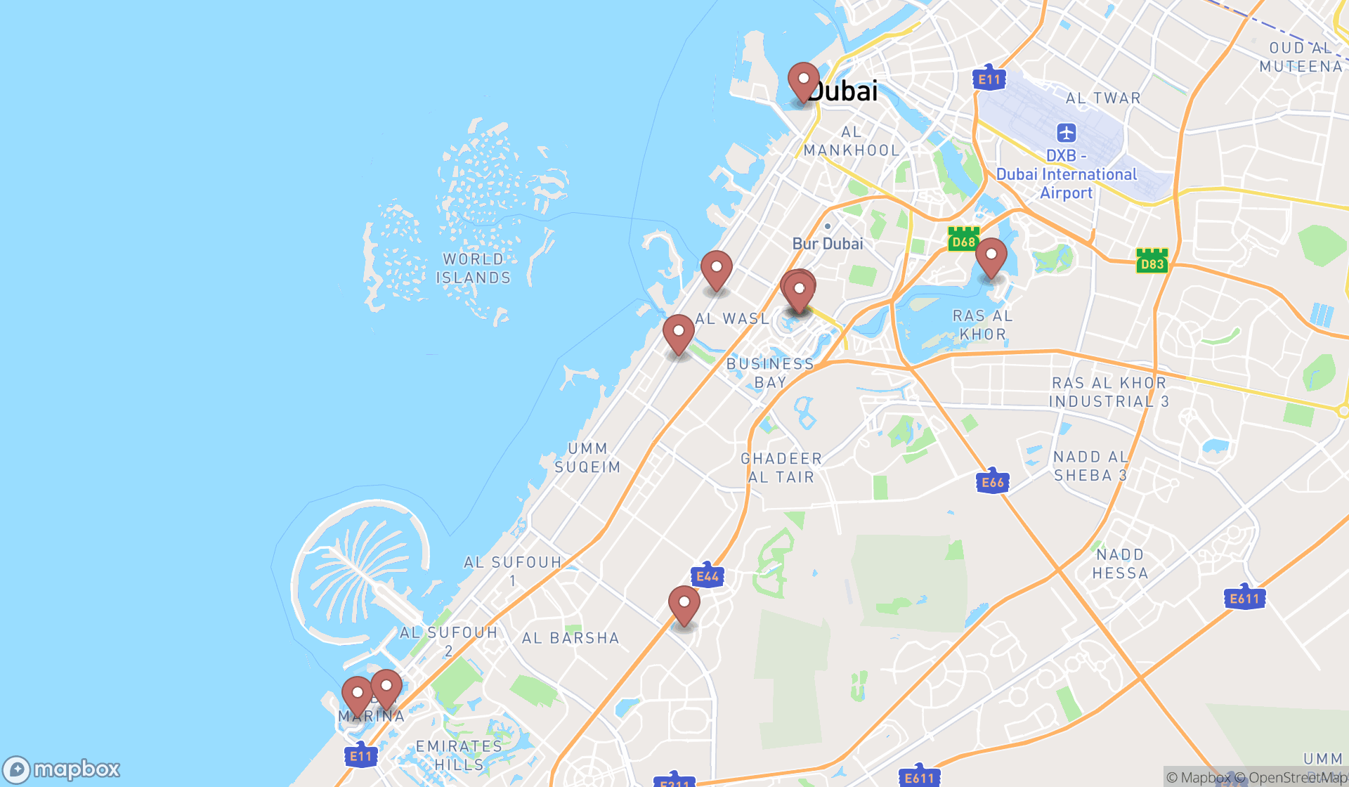 Map showing the ranked coffee shops in Dubai, Dubai