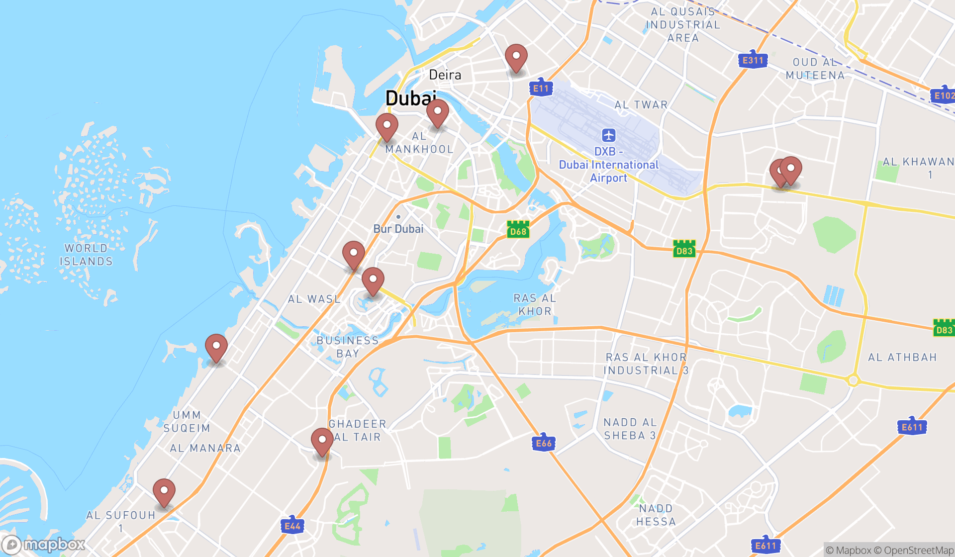 Map showing the ranked coffee stands in Dubai, Dubai