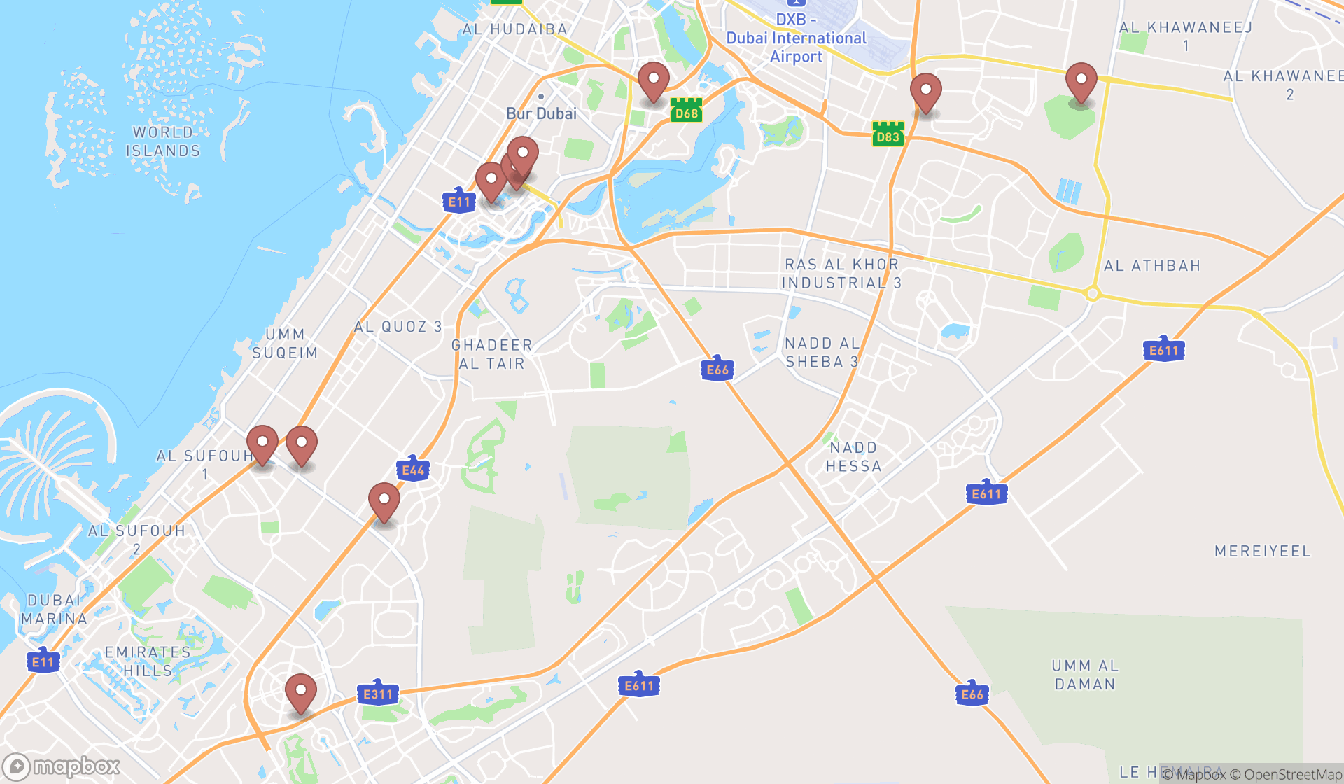 Map showing the ranked coffee stores in Dubai, Dubai