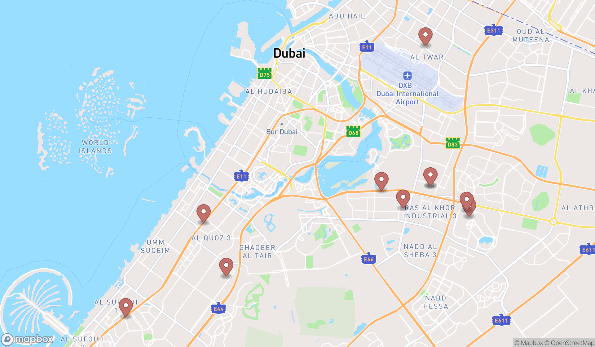 Map showing the ranked coffee vending machines in Dubai, Dubai