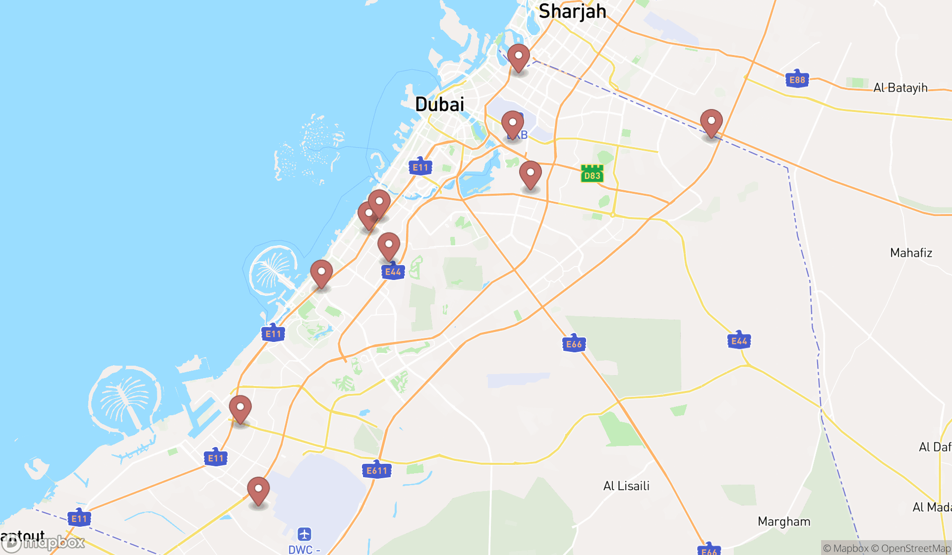 Map showing the ranked coffee wholesalers in Dubai, Dubai