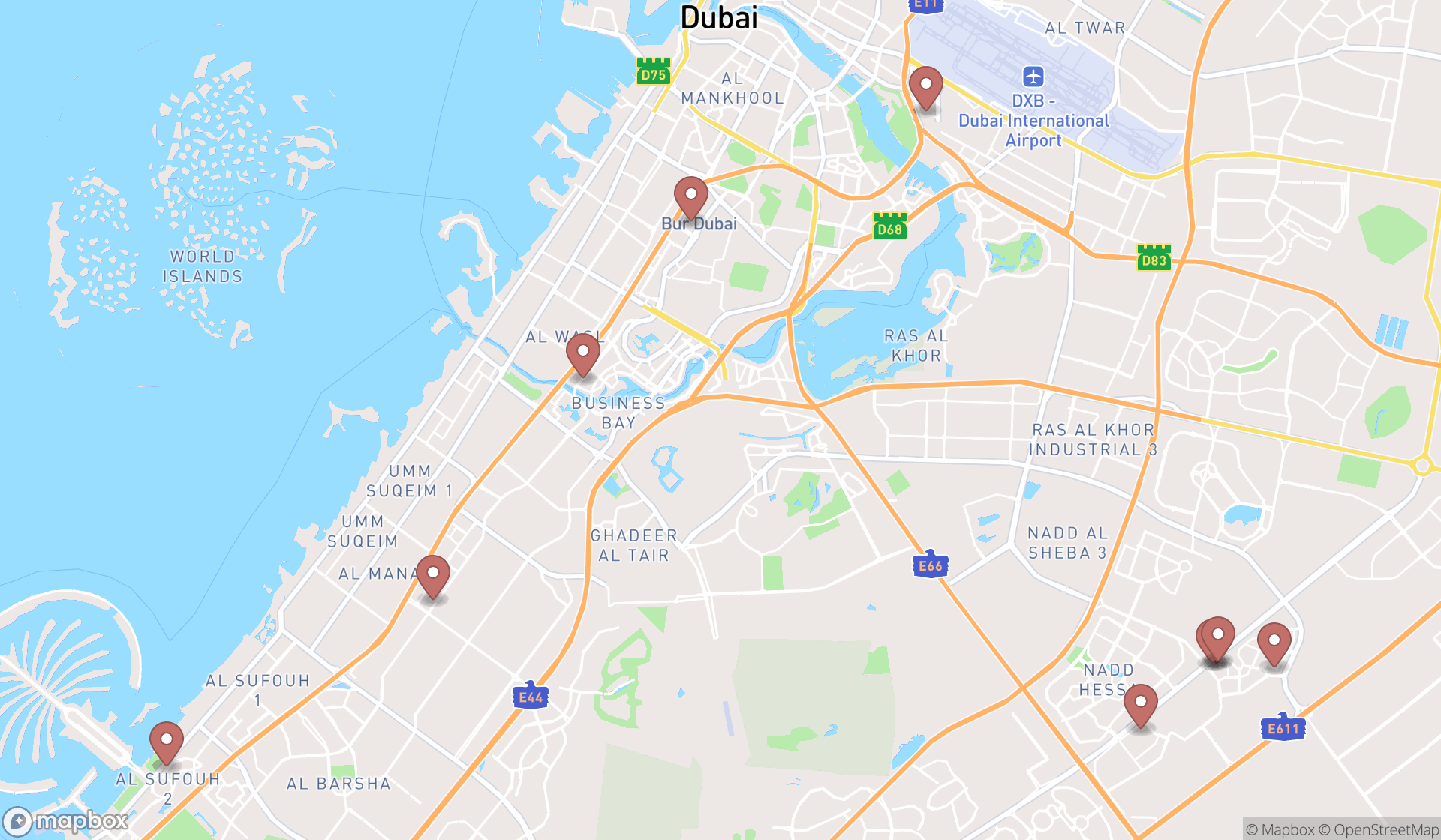 Map showing the ranked colleges in Dubai, Dubai