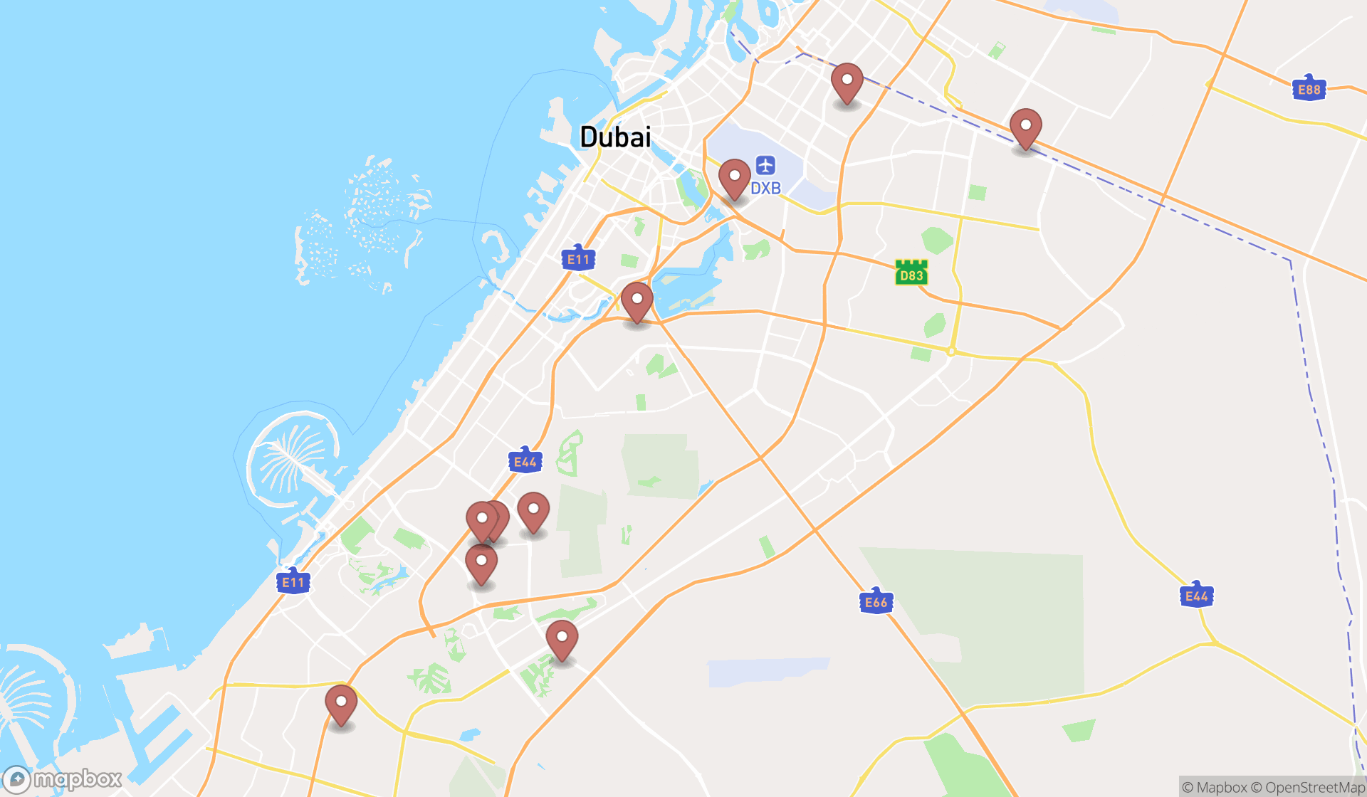 Map showing the ranked combined primary and secondary schools in Dubai, Dubai