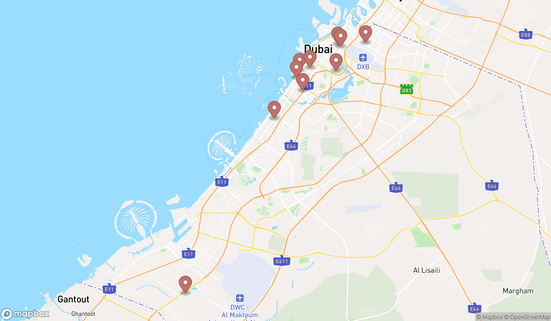 Map showing the ranked community health centers in Dubai, Dubai