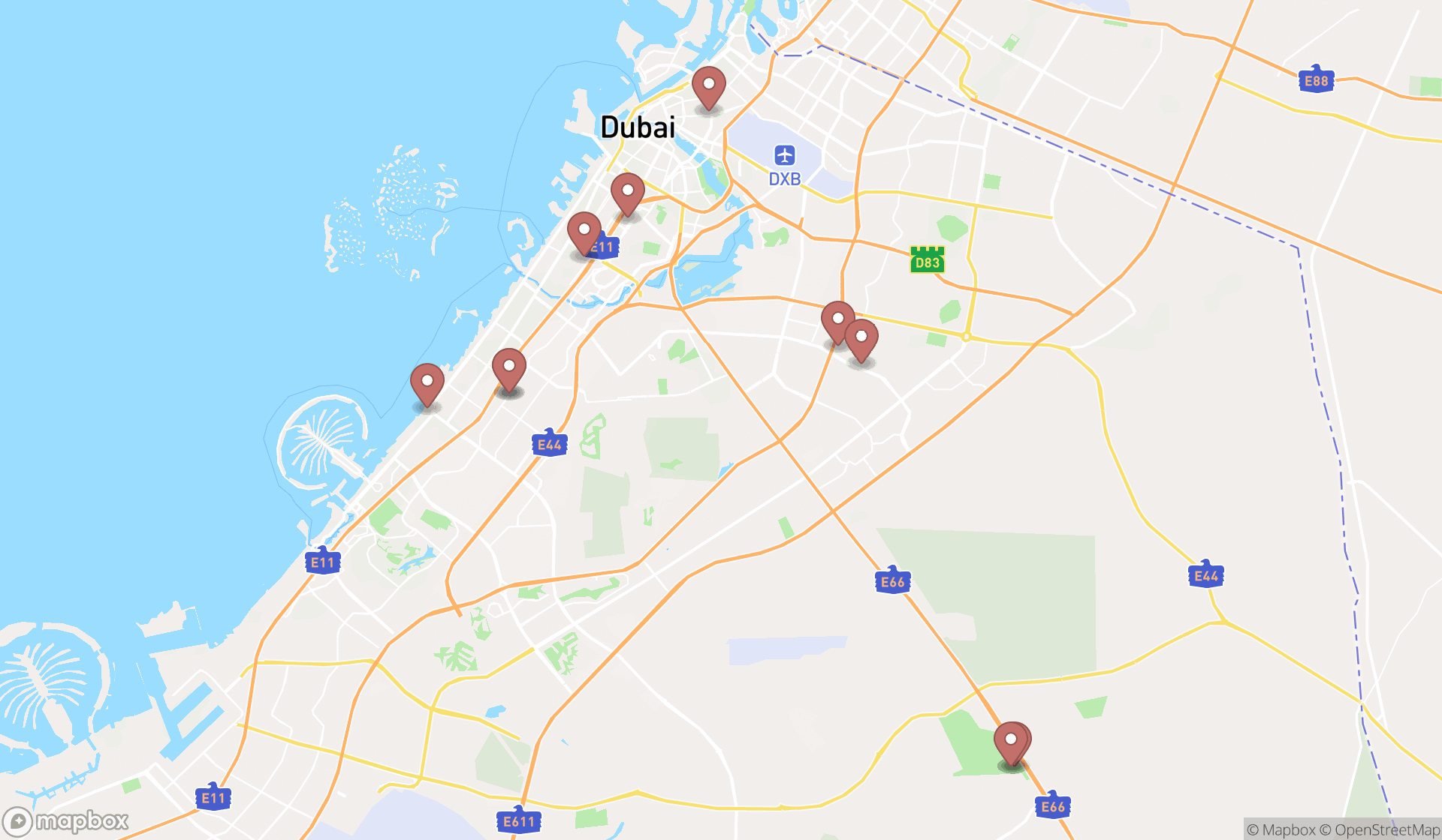 Map showing the ranked concert halls in Dubai, Dubai