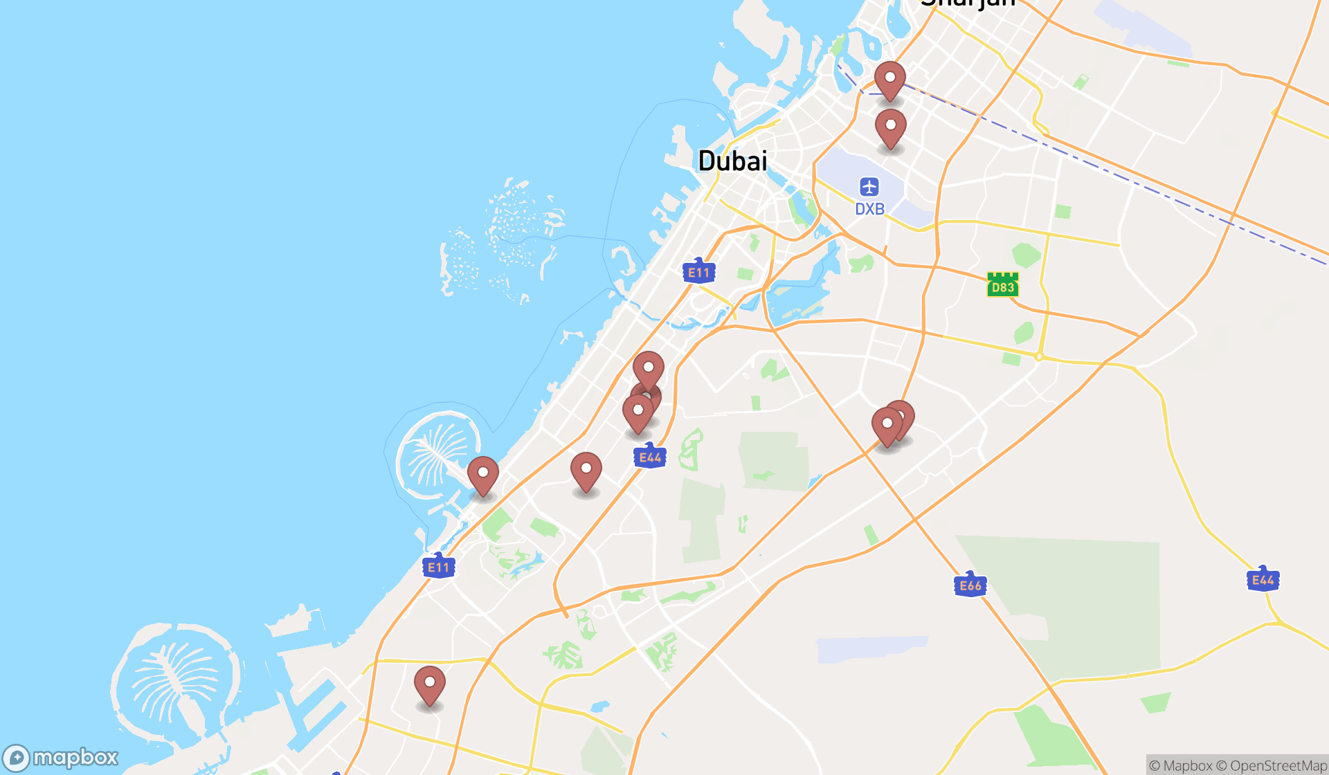 Map showing the ranked concrete contractors in Dubai, Dubai