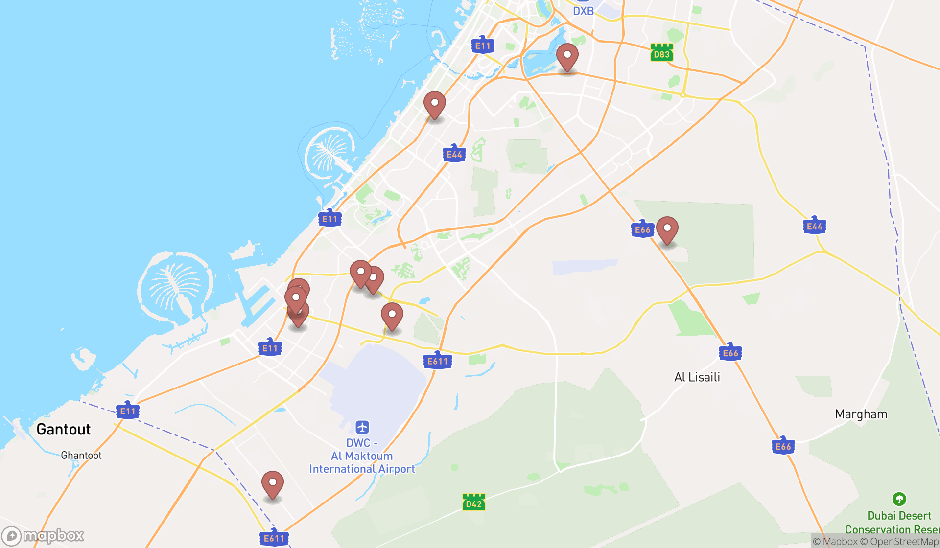 Map showing the ranked concrete product suppliers in Dubai, Dubai