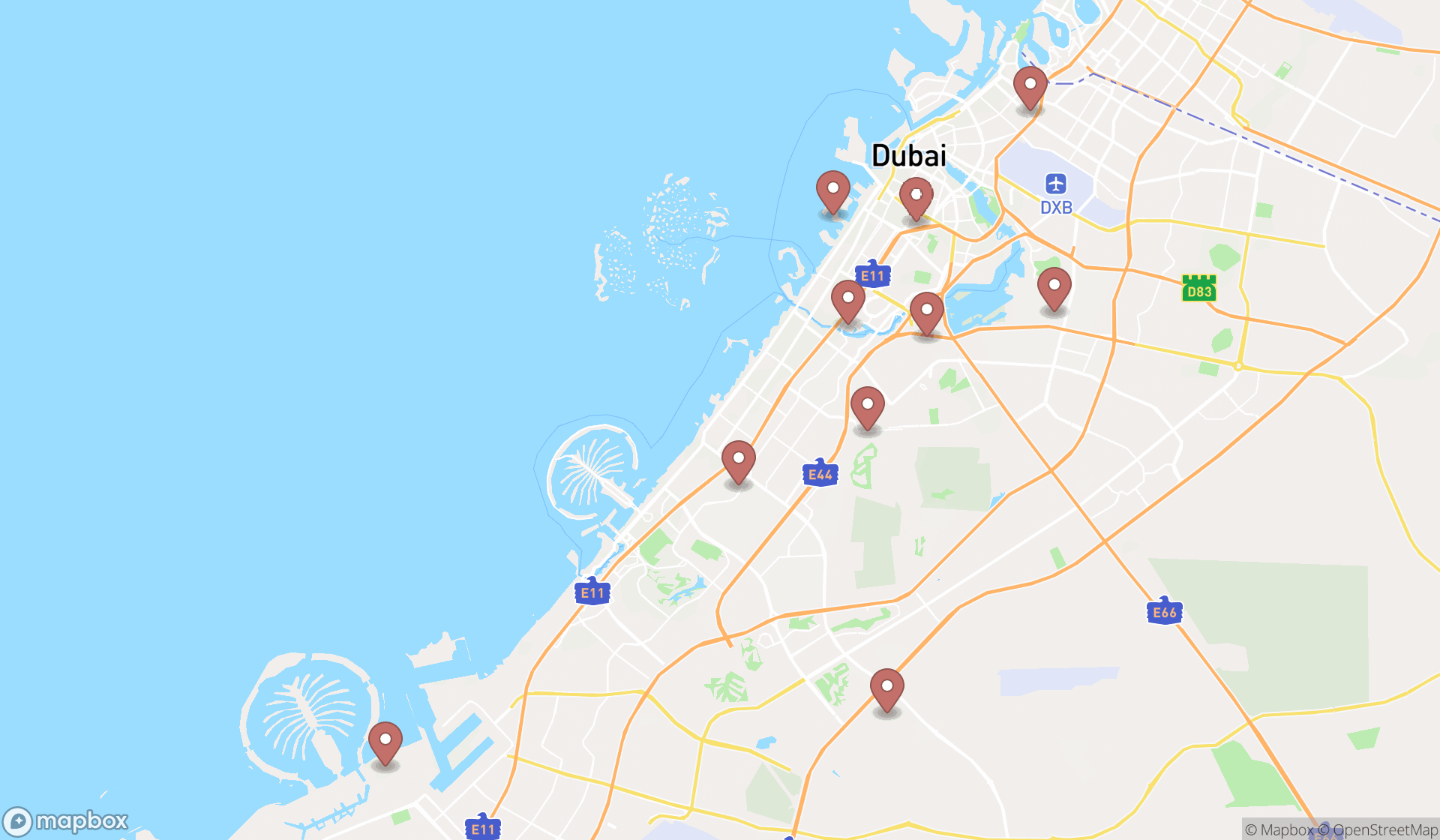 Map showing the ranked construction and maintenance offices in Dubai, Dubai