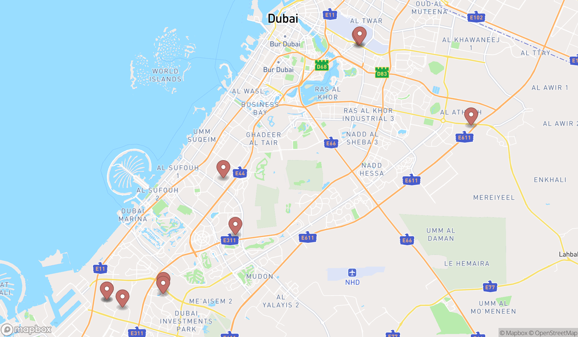 Map showing the ranked construction companies in Dubai, Dubai