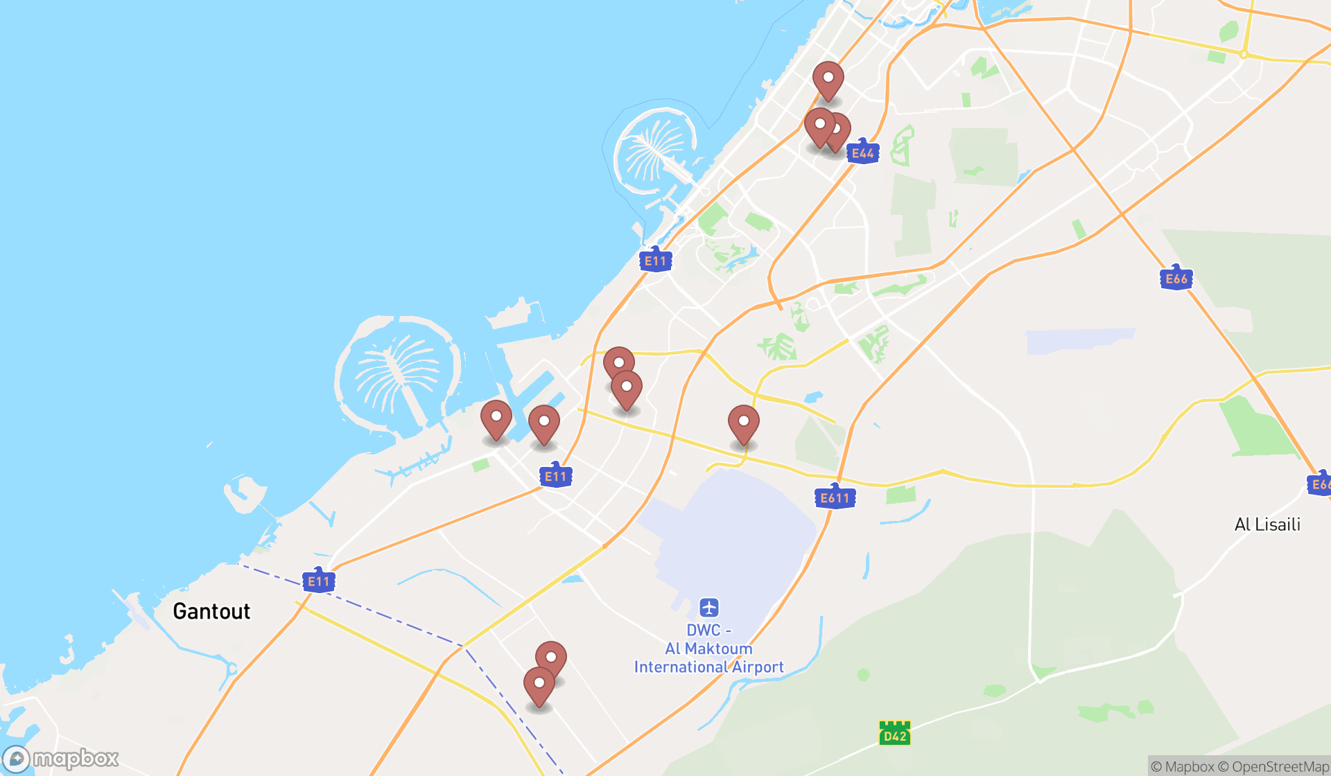 Map showing the ranked construction equipment suppliers in Dubai, Dubai
