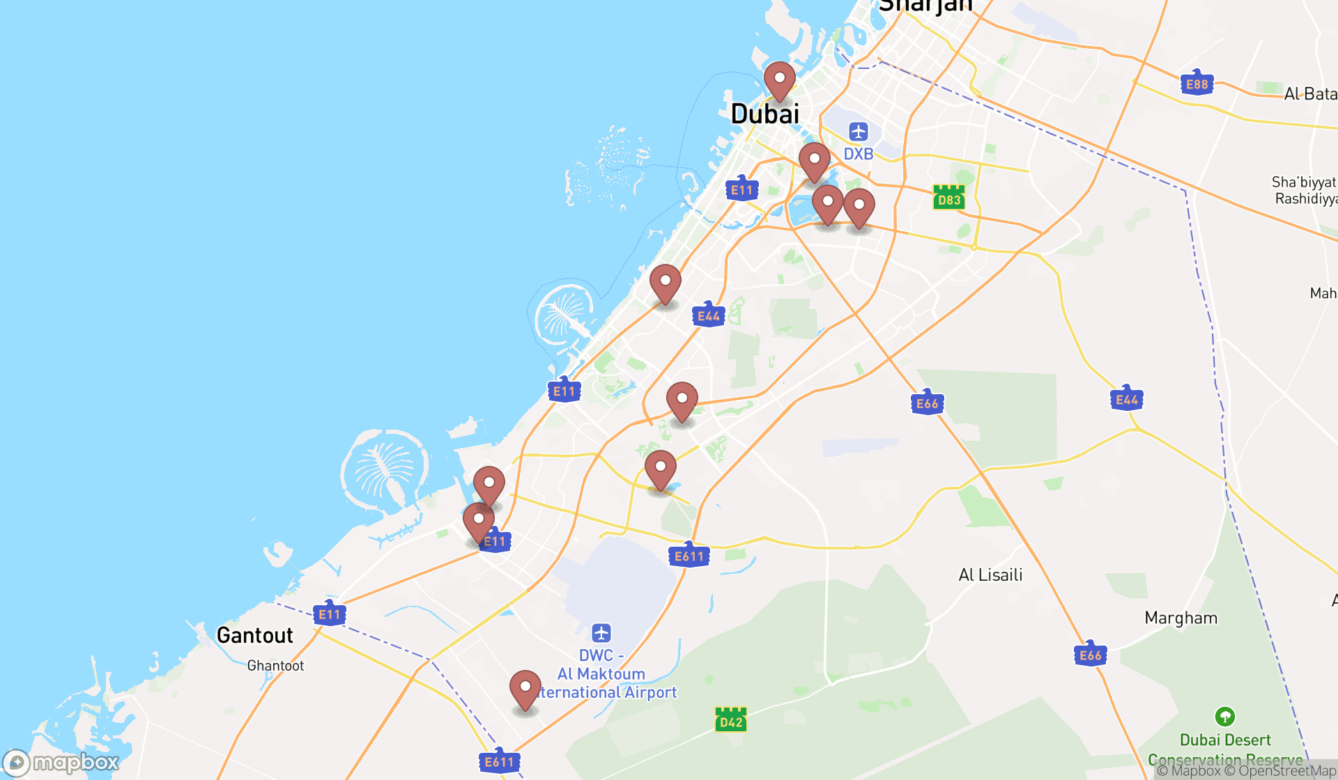 Map showing the ranked construction machine dealers in Dubai, Dubai