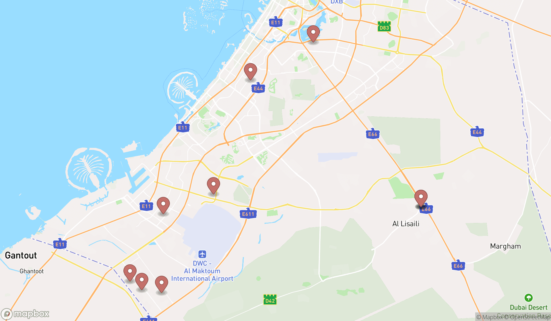 Map showing the ranked construction machine rental services in Dubai, Dubai