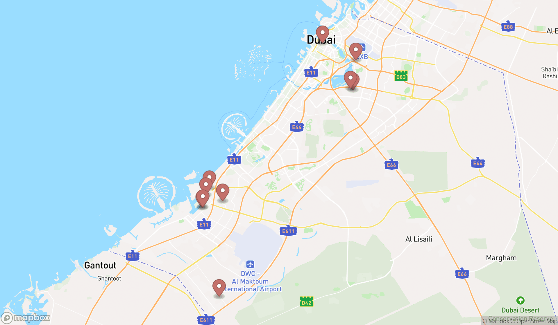 Map showing the ranked container services in Dubai, Dubai