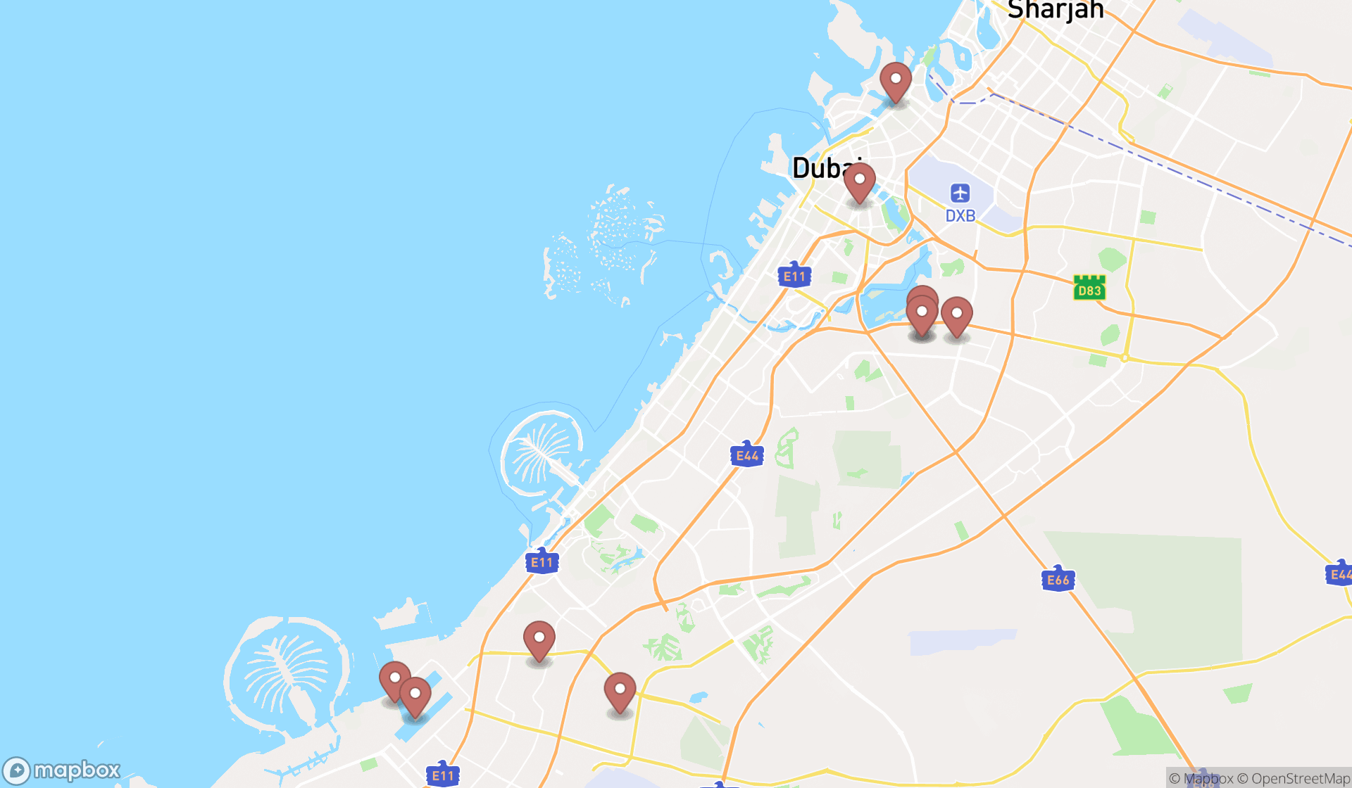 Map showing the ranked container terminals in Dubai, Dubai