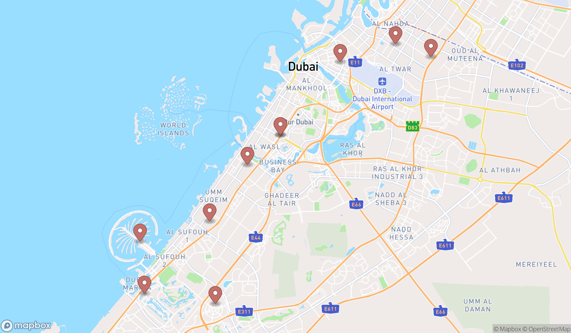 Map showing the ranked cooking schools in Dubai, Dubai