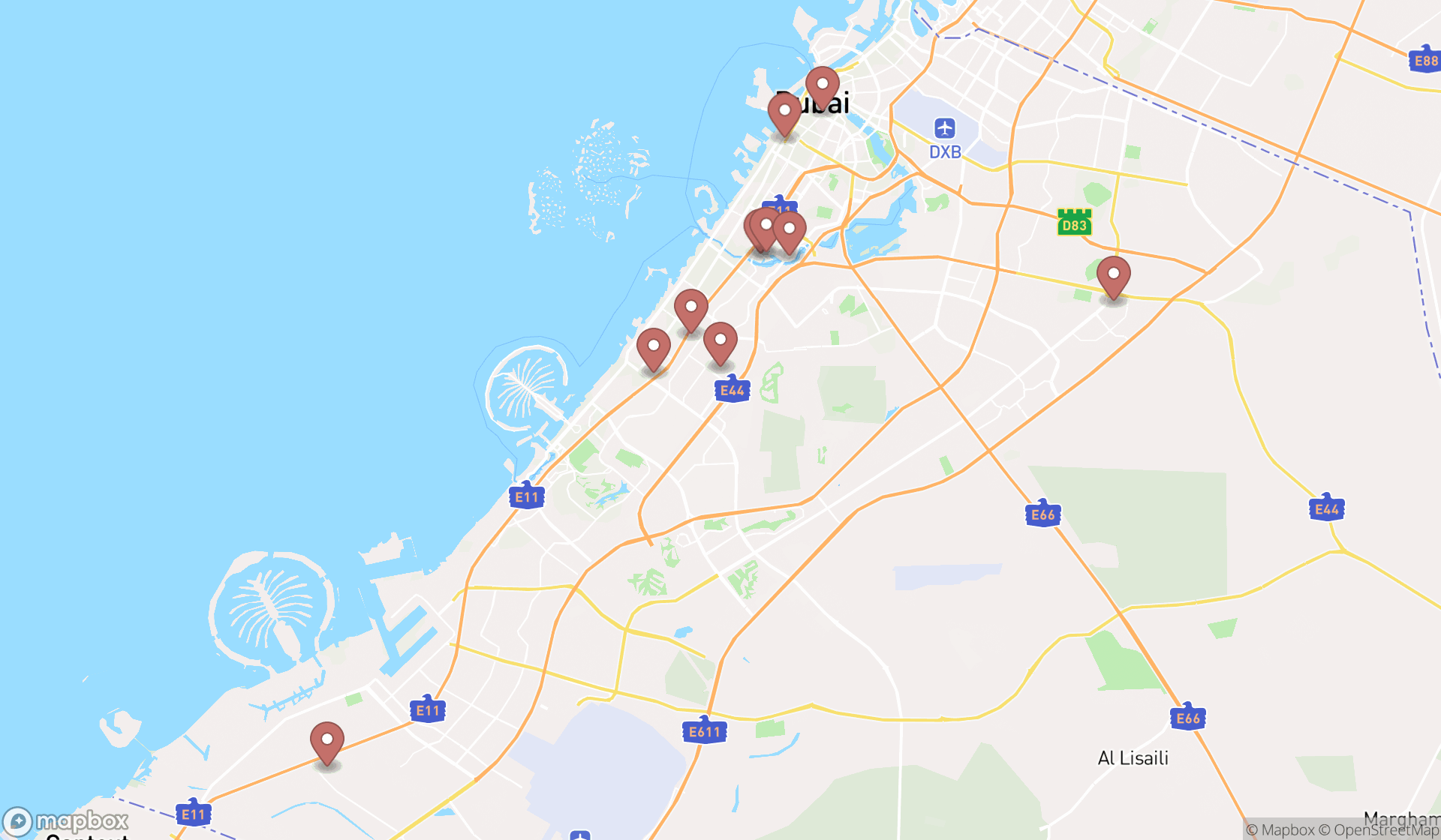 Map showing the ranked countertop contractors in Dubai, Dubai
