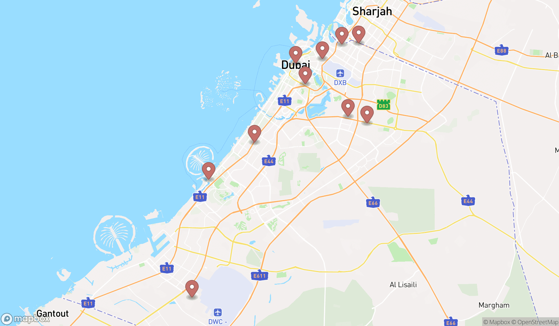 Map showing the ranked countertop stores in Dubai, Dubai