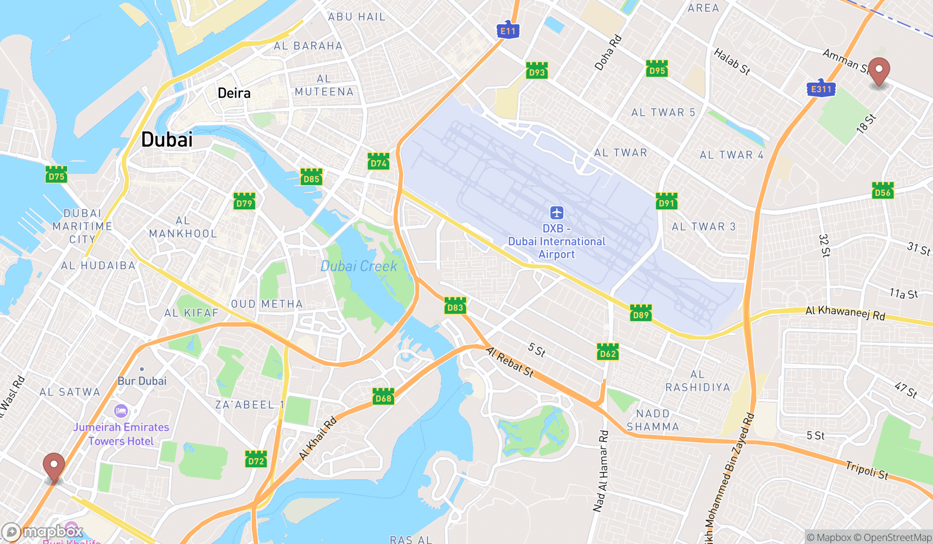 Map showing the ranked country food restaurants in Dubai, Dubai