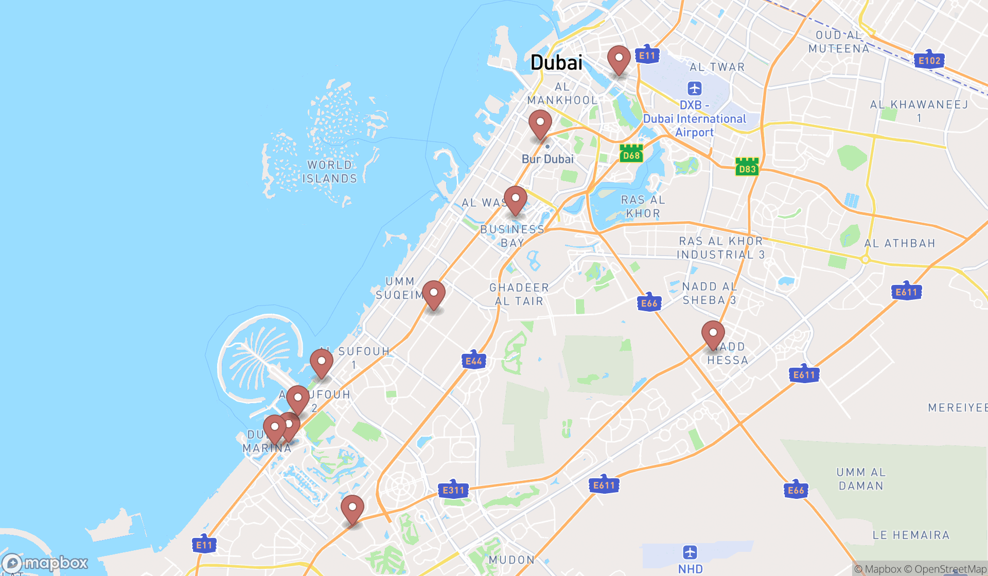 Map showing the ranked coworking spaces in Dubai, Dubai
