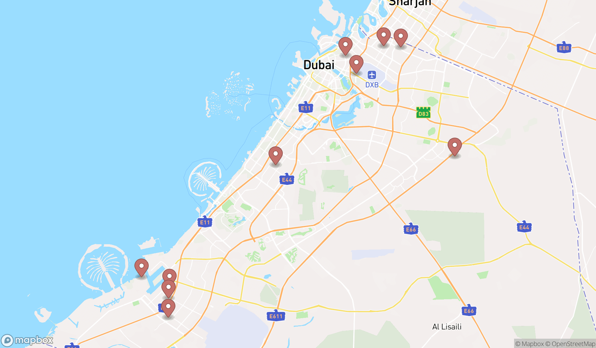 Map showing the ranked crane dealers in Dubai, Dubai