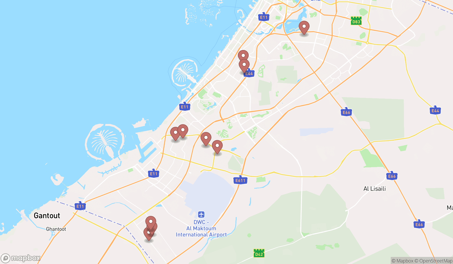 Map showing the ranked crane rental agencies in Dubai, Dubai