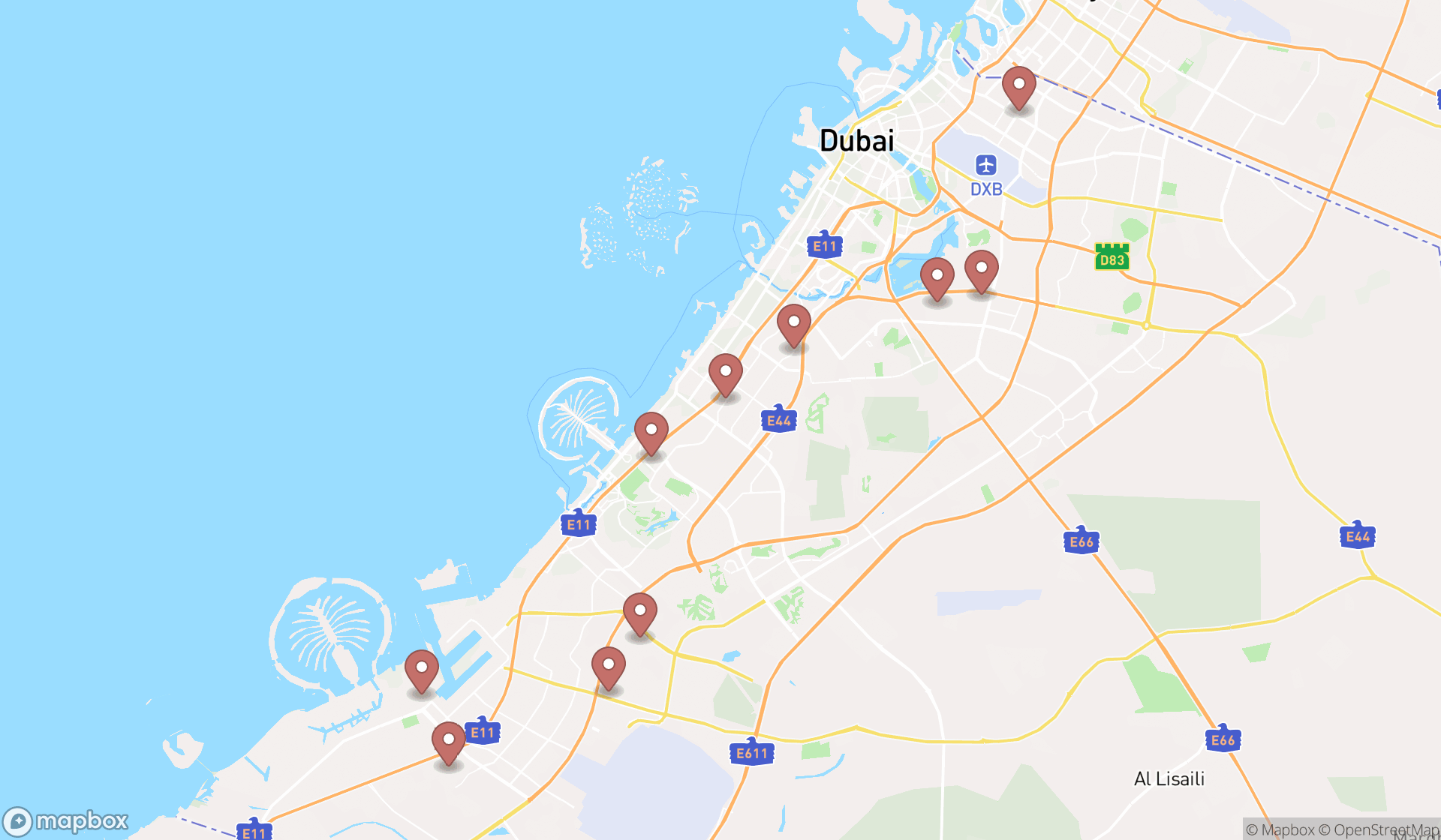 Map showing the ranked crane services in Dubai, Dubai