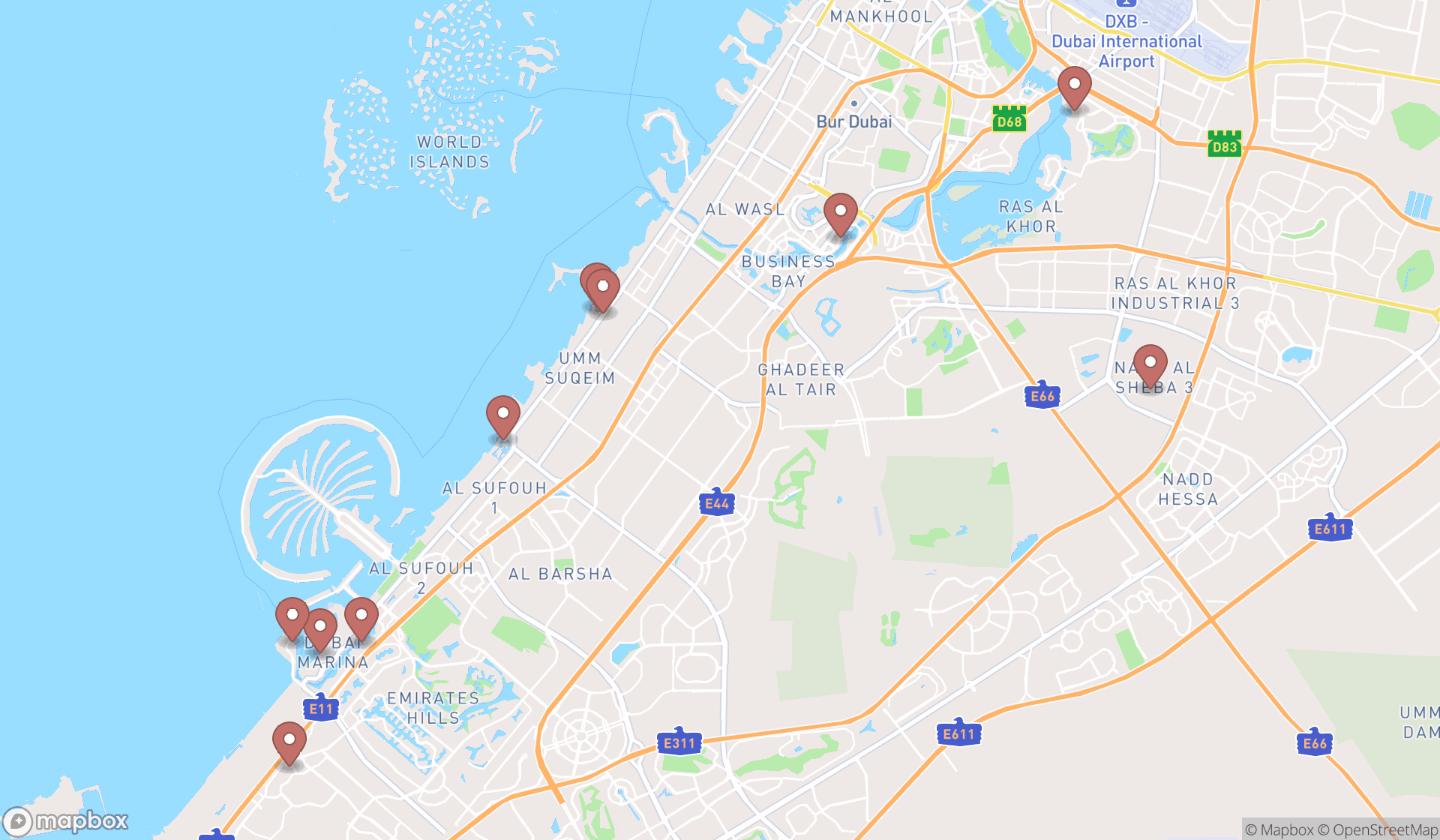 Map showing the ranked creperies in Dubai, Dubai