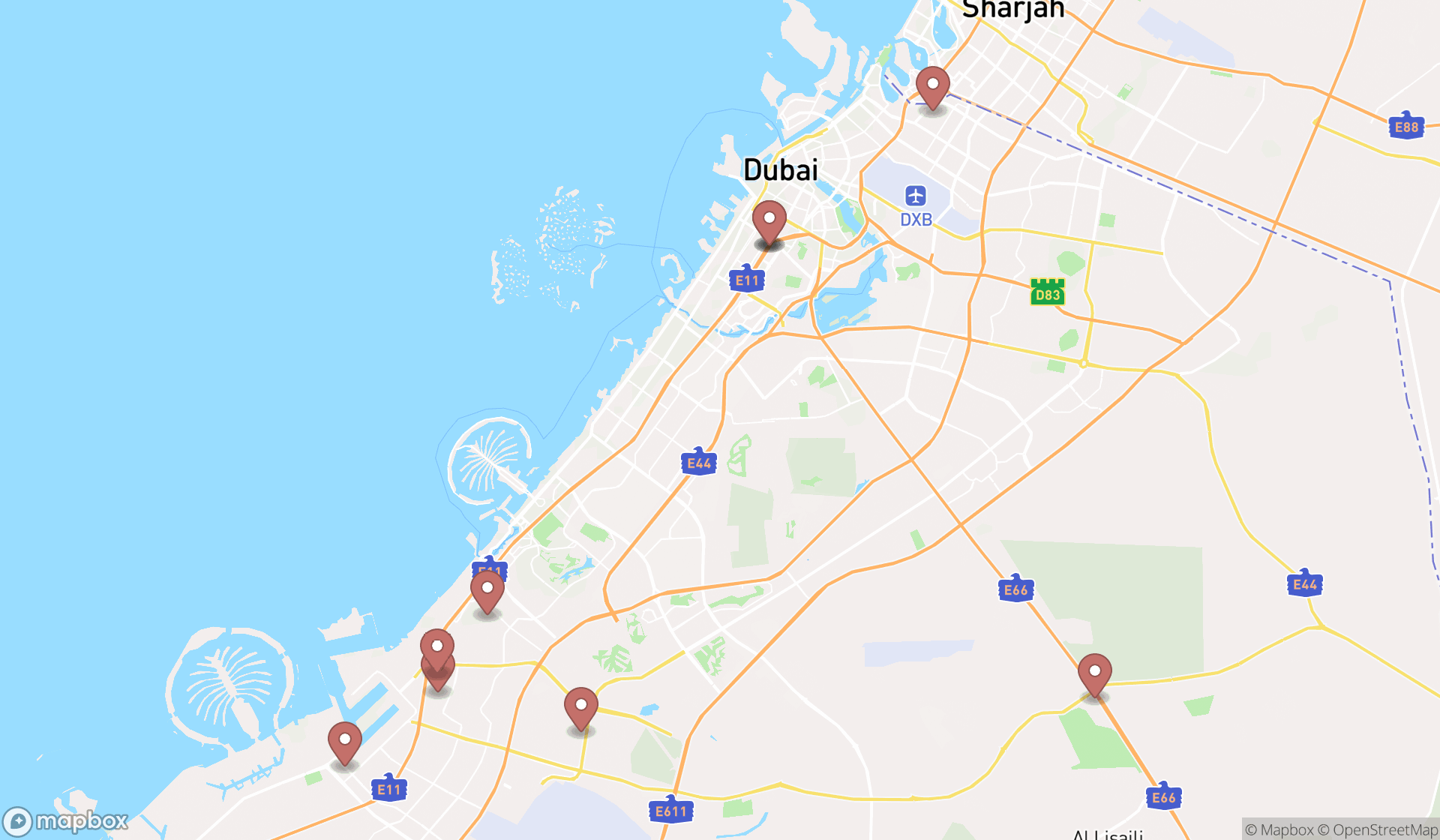Map showing the ranked cricket grounds in Dubai, Dubai