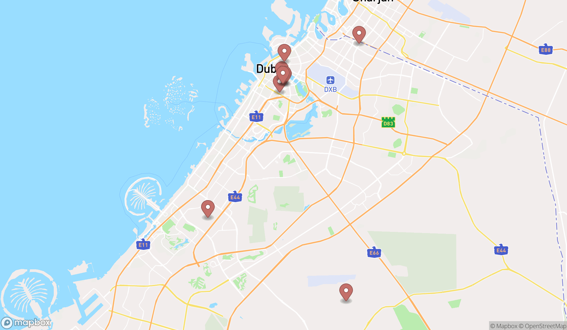 Map showing the ranked cricket shops in Dubai, Dubai