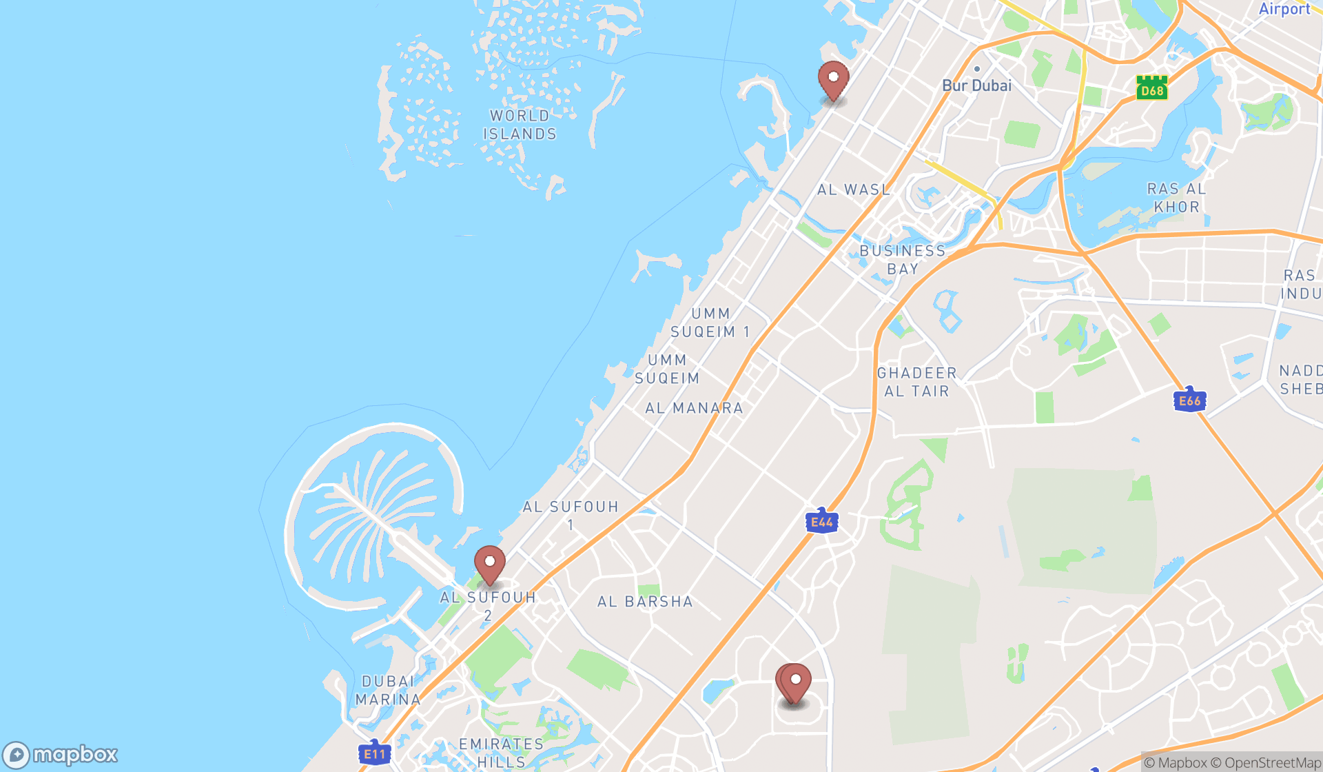 Map showing the ranked culinary schools in Dubai, Dubai