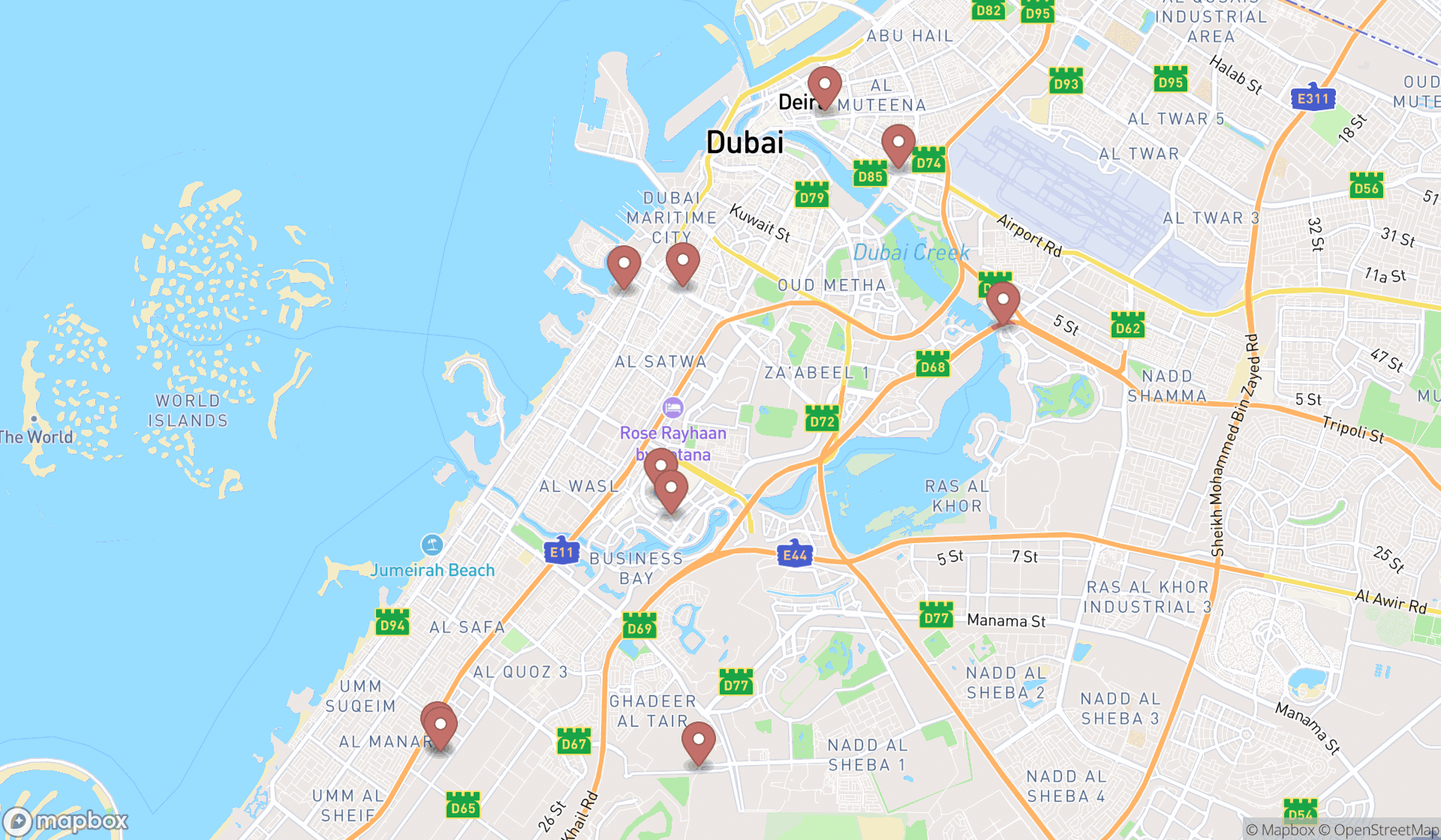 Map showing the ranked cultural landmarks in Dubai, Dubai