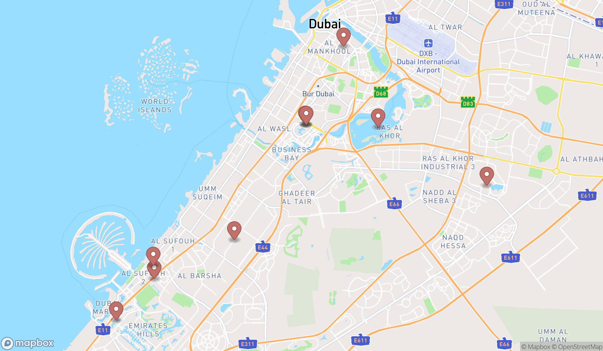 Map showing the ranked cupcake shops in Dubai, Dubai