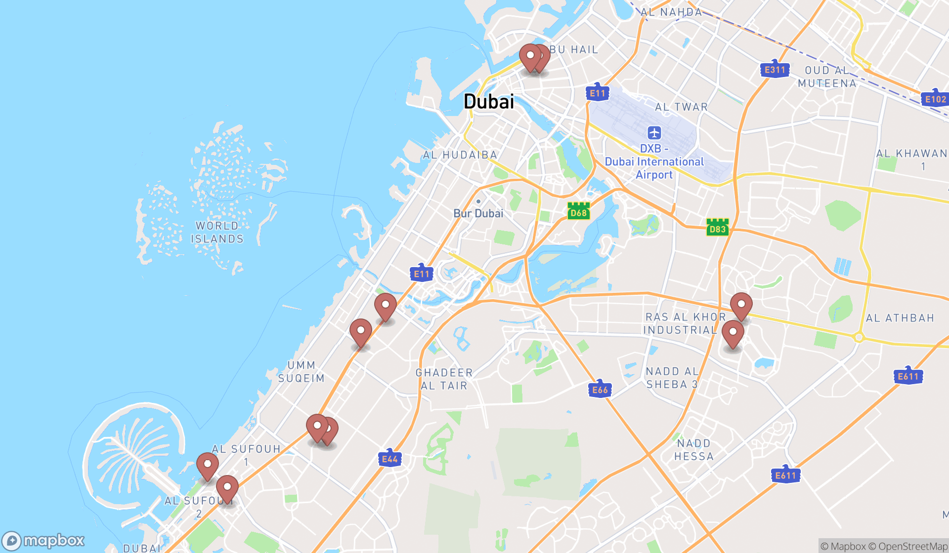 Map showing the ranked curtain supplier and makers in Dubai, Dubai