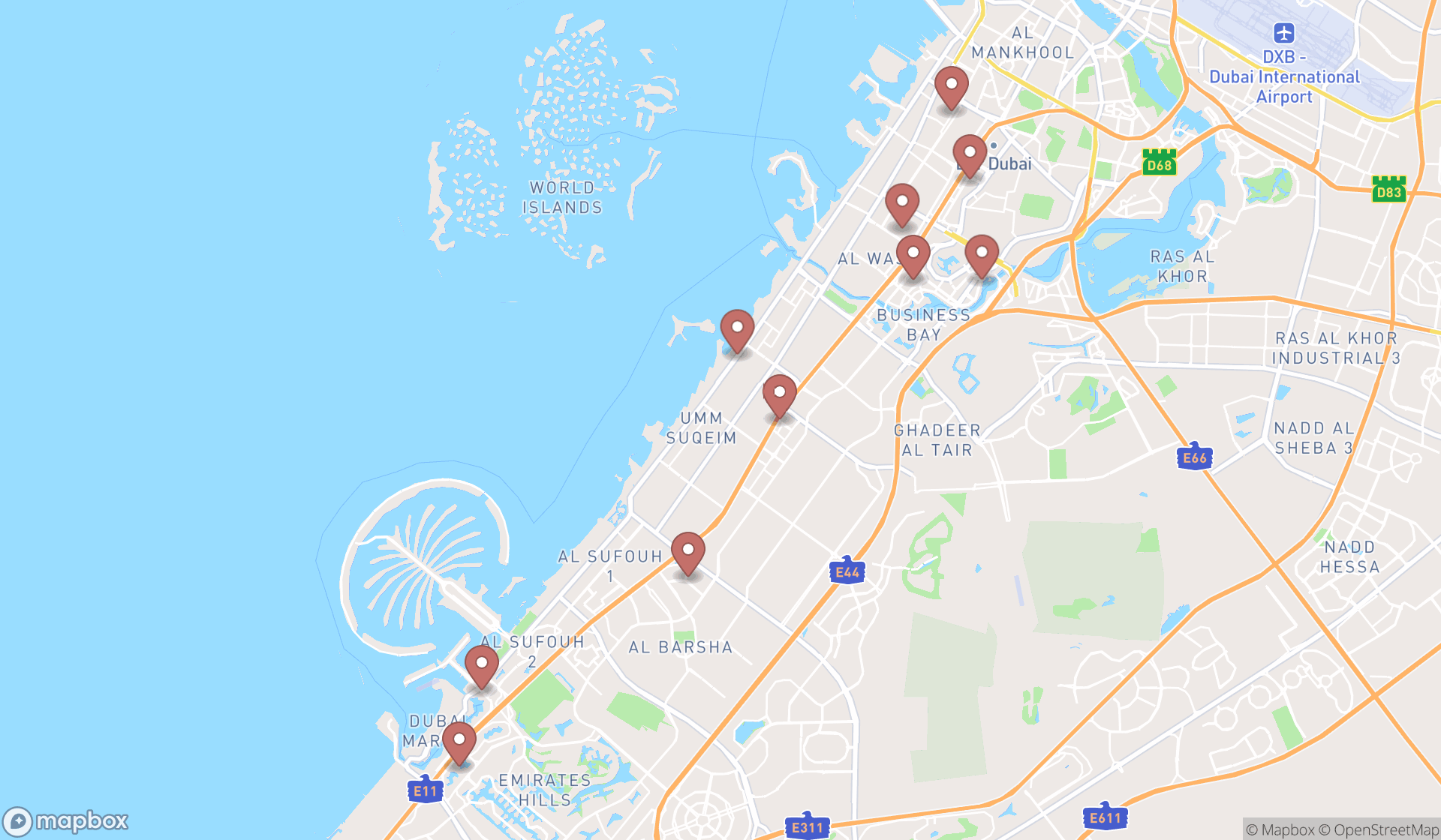 Map showing the ranked custom tailors in Dubai, Dubai