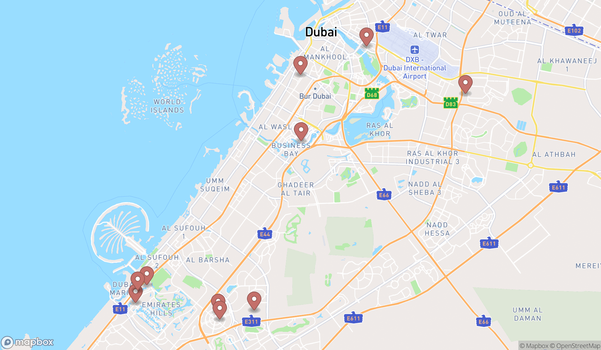 Map showing the ranked custom t-shirt stores in Dubai, Dubai