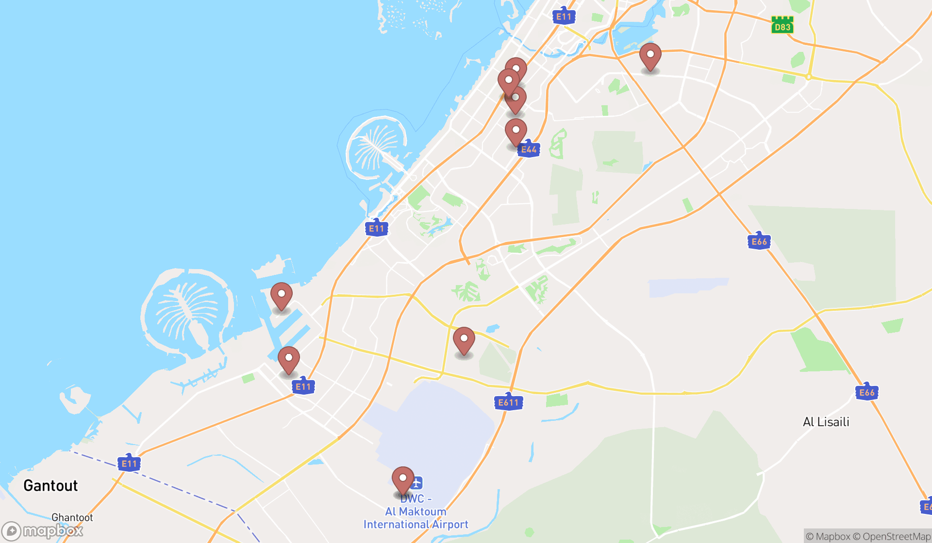 Map showing the ranked customs warehouses in Dubai, Dubai