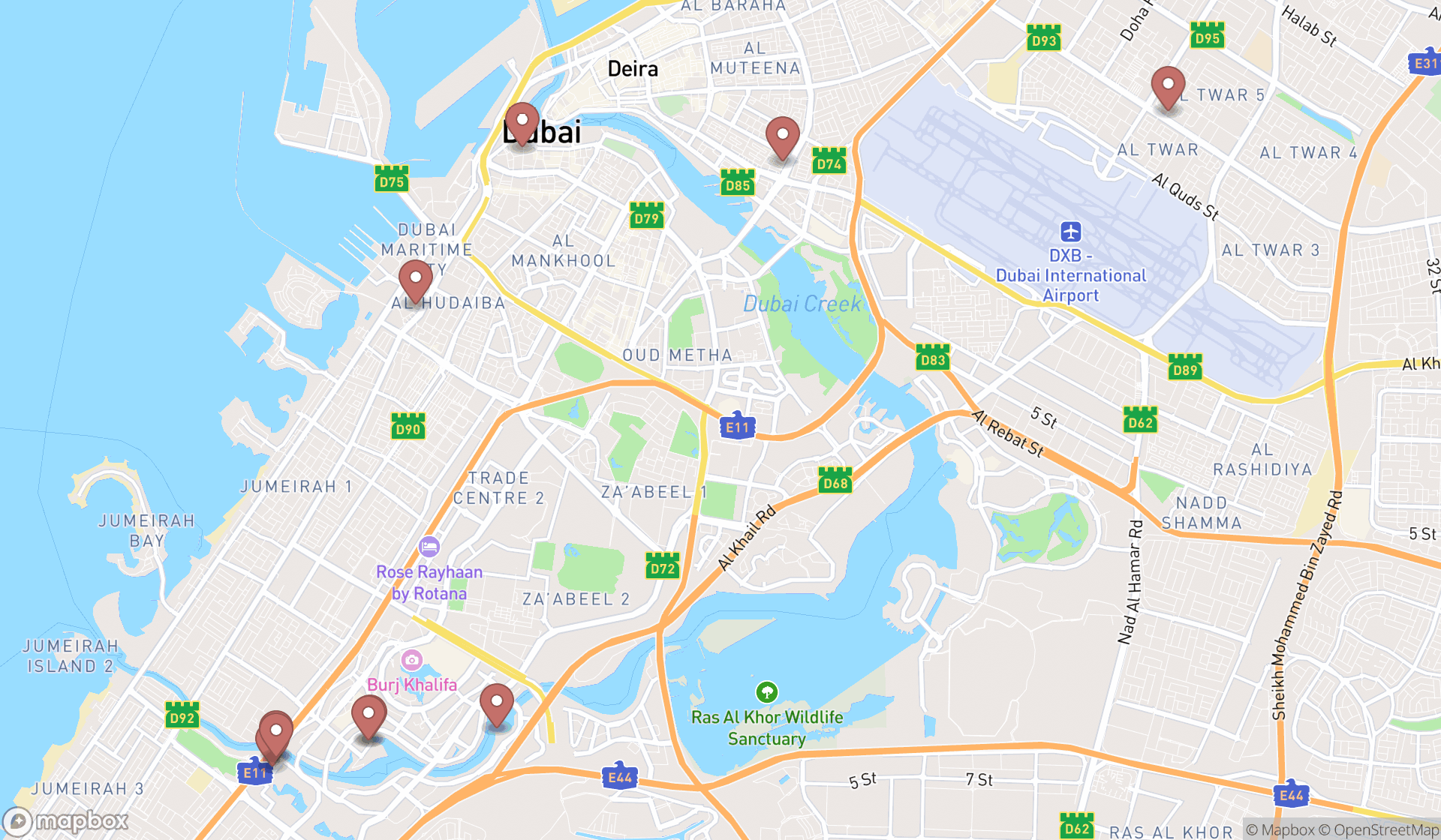 Map showing the ranked dance clubs in Dubai, Dubai