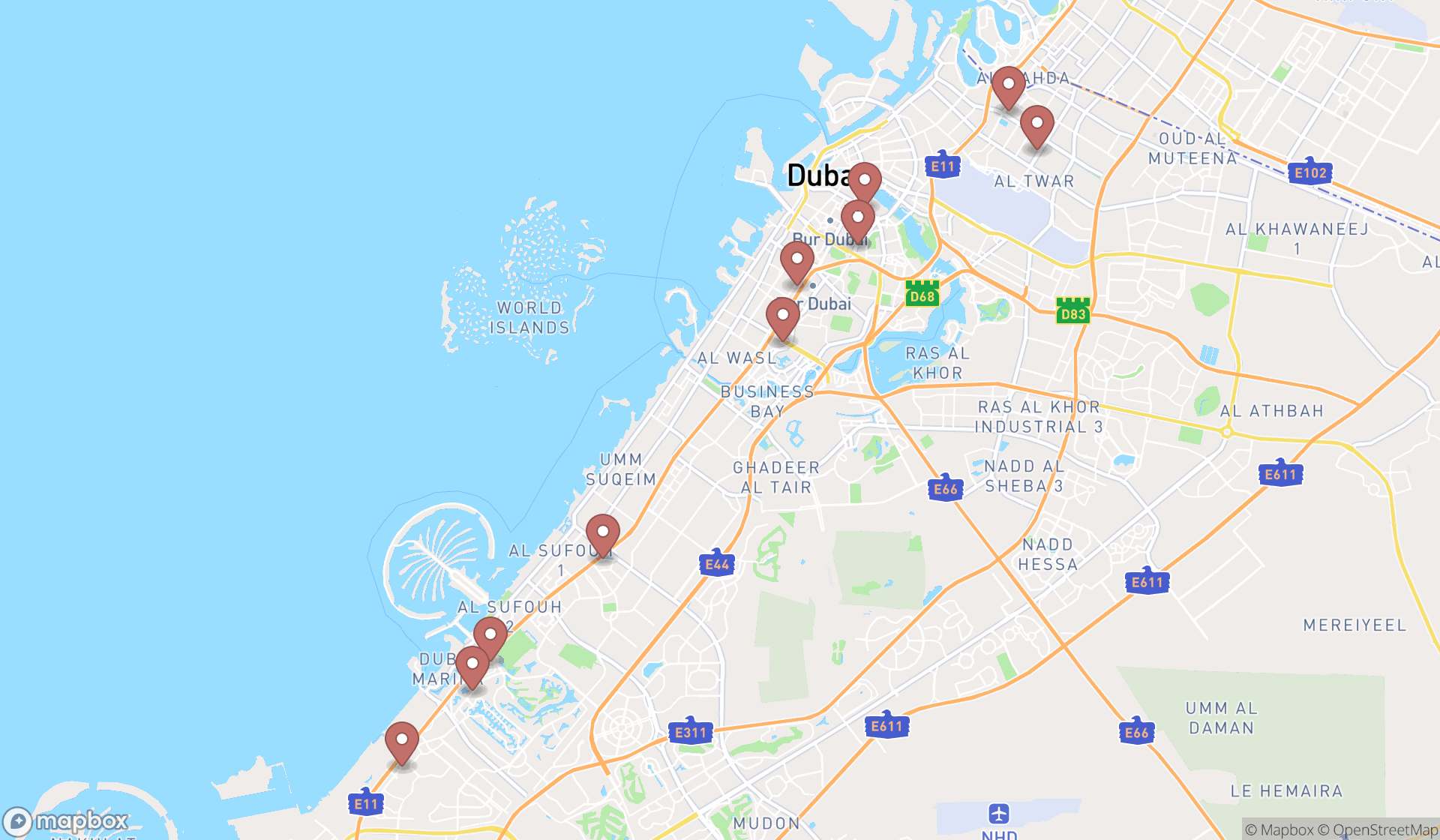 Map showing the ranked dance companies in Dubai, Dubai