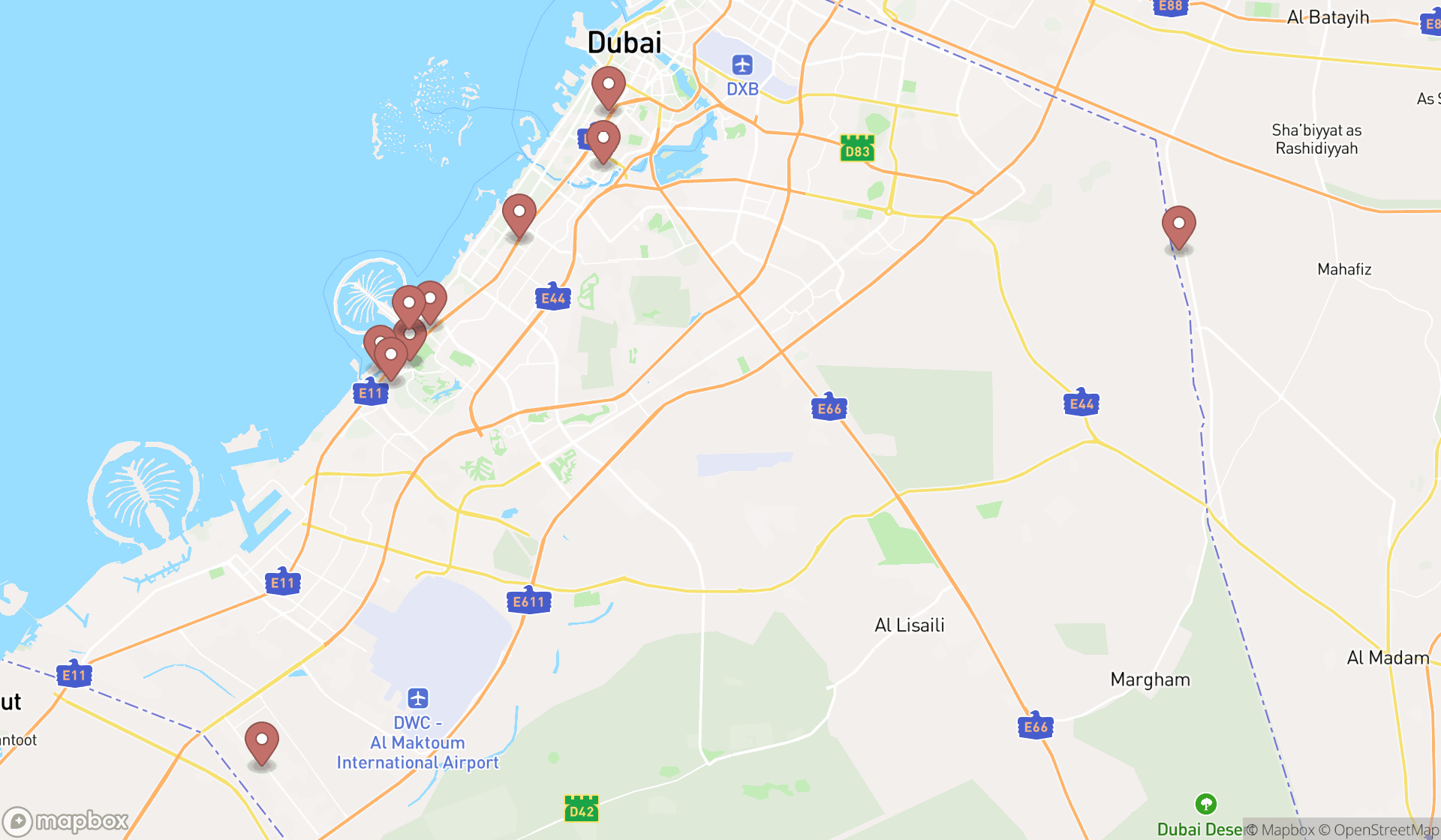 Map showing the ranked dance halls in Dubai, Dubai