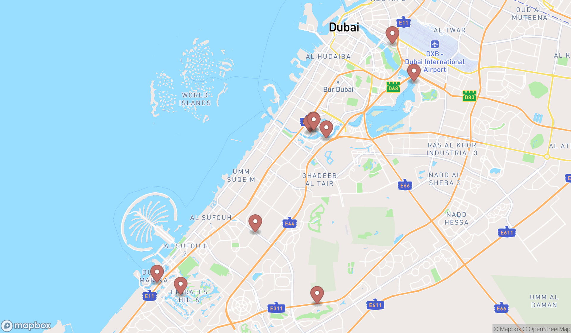 Map showing the ranked day spas in Dubai, Dubai