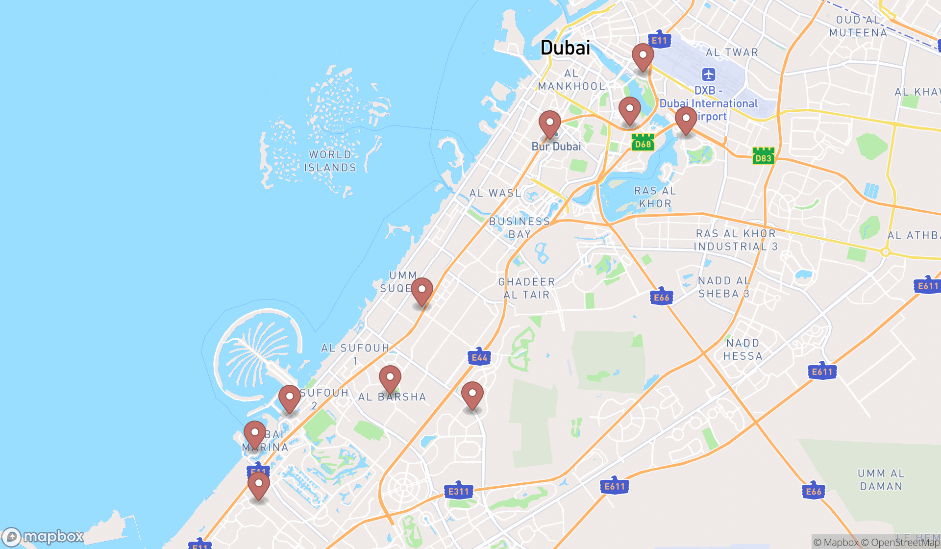 Map showing the ranked delis in Dubai, Dubai