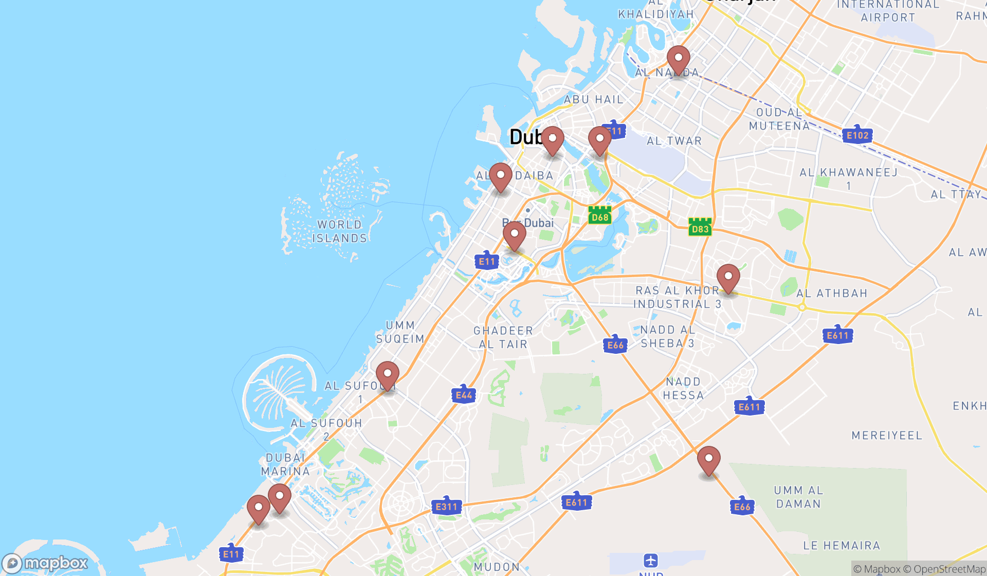 Map showing the ranked delivery chinese restaurants in Dubai, Dubai