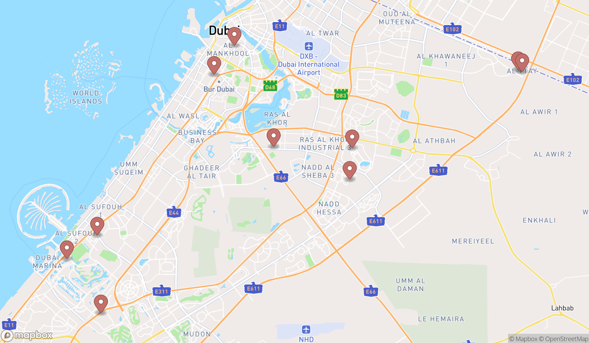 Map showing the ranked delivery services in Dubai, Dubai