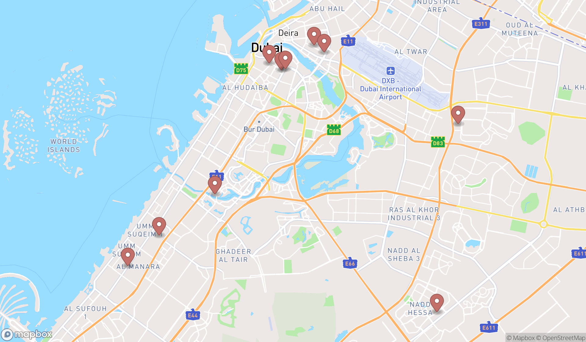 Map showing the ranked dental clinics in Dubai, Dubai
