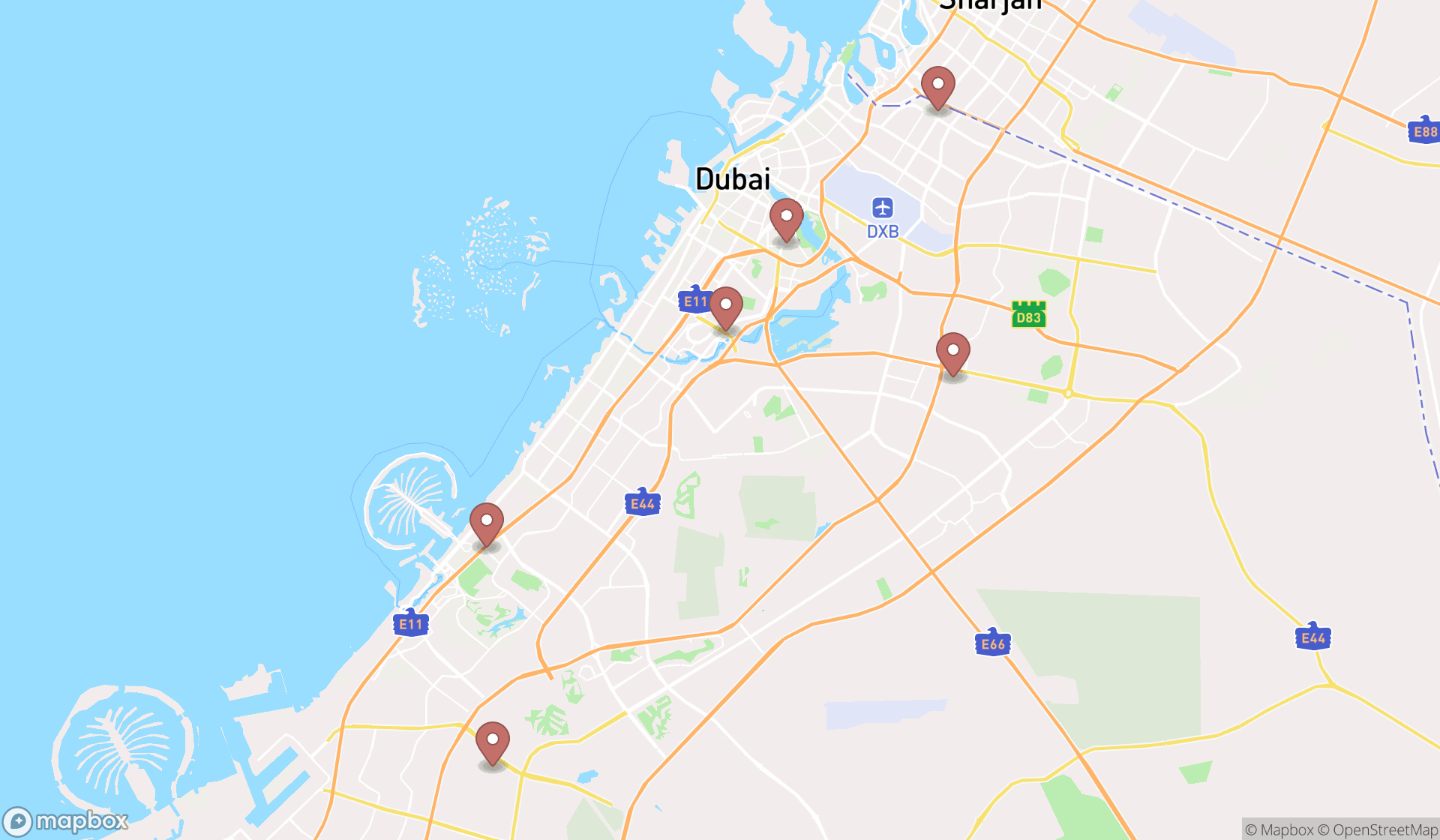 Map showing the ranked dental schools in Dubai, Dubai